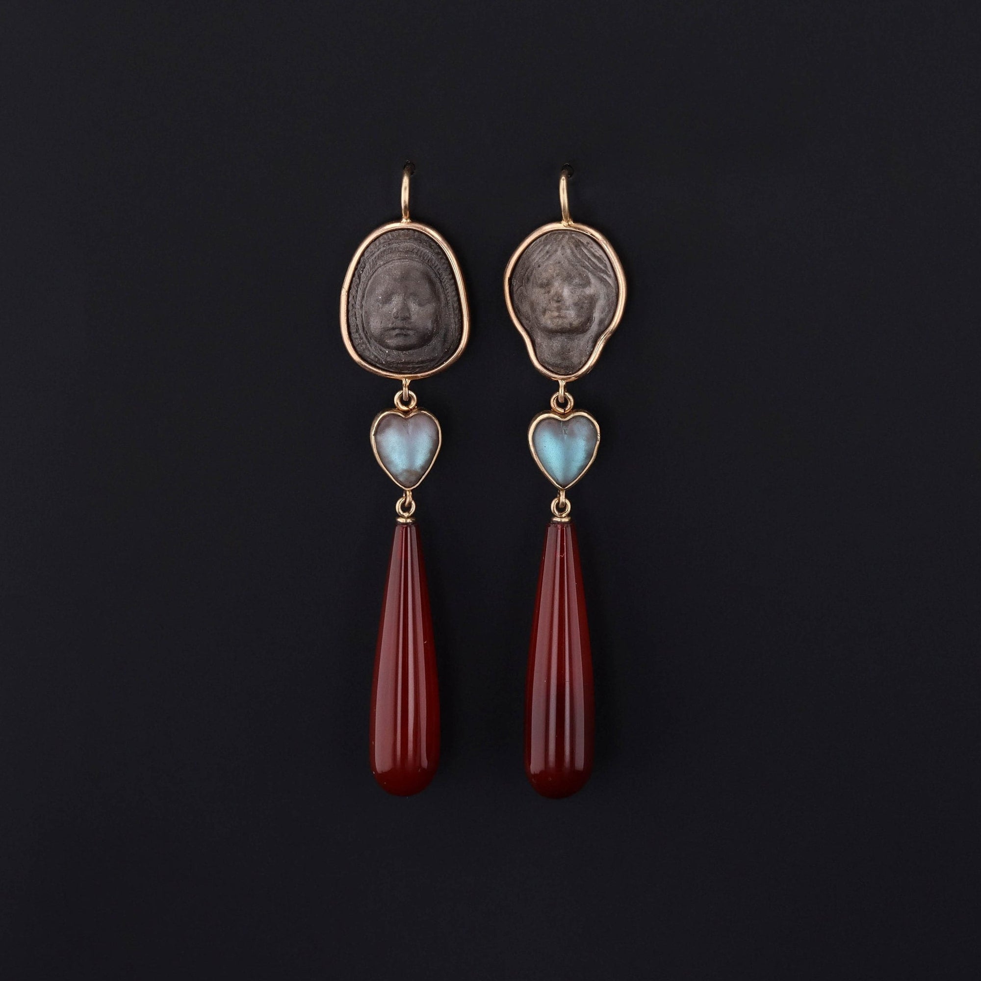 Lava Cameo and Carnelian Conversion Earrings of 14k Gold