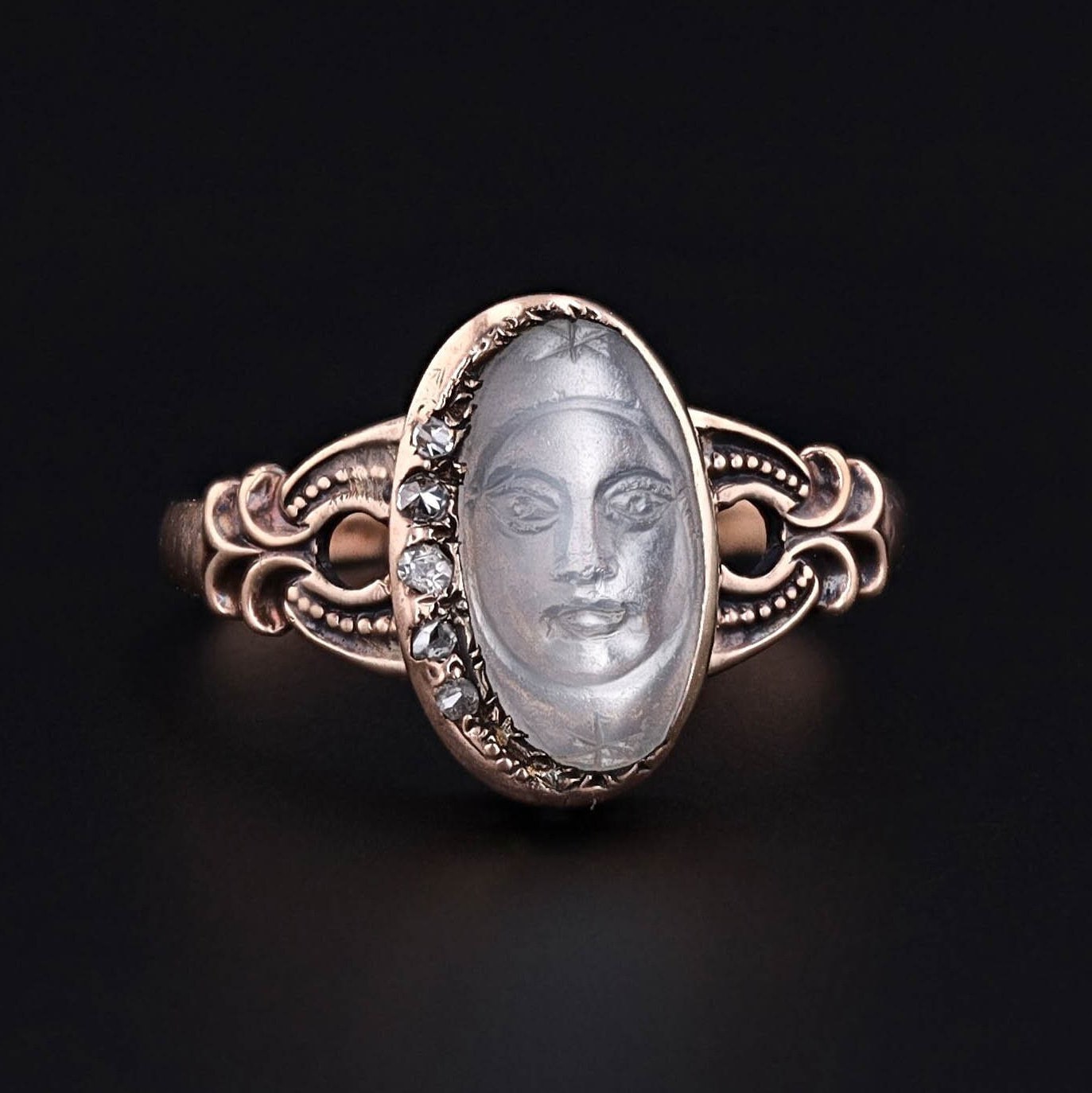 Antique Carved Moonstone Man in the Moon Ring of 10k Gold