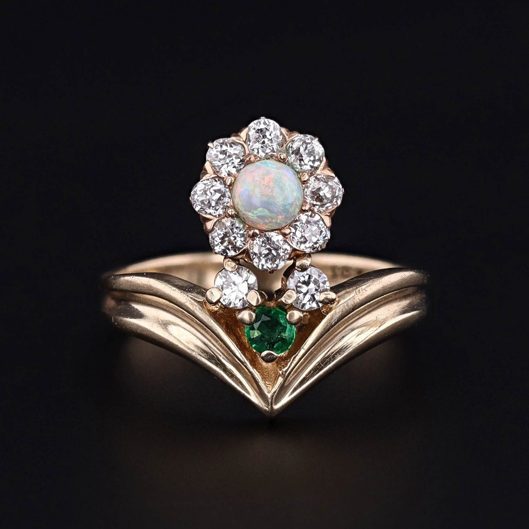 Vintage Opal Diamond & Emerald Flower Ring of 10k Gold