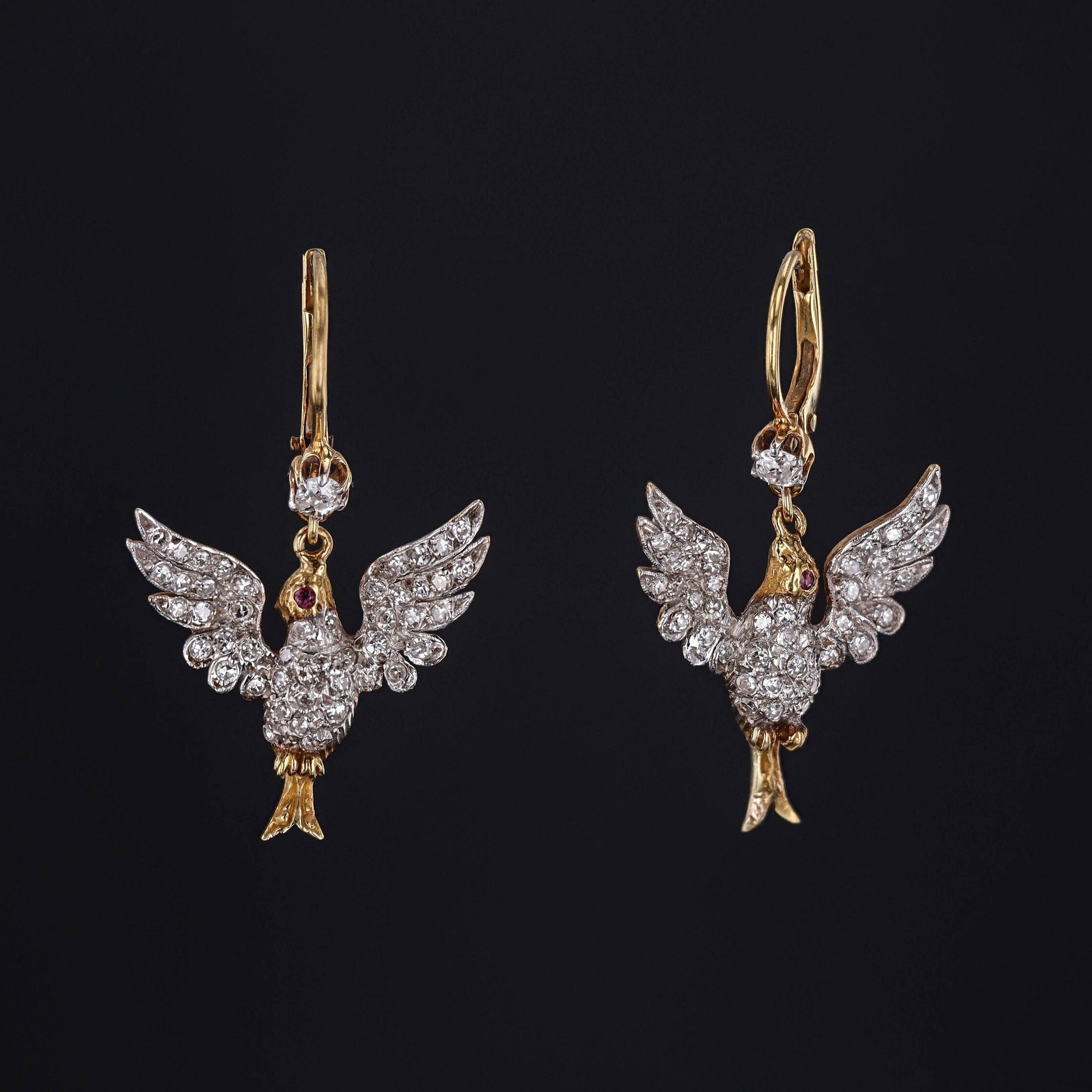 Antique Diamond Bird Earrings Platinum and 18k Gold