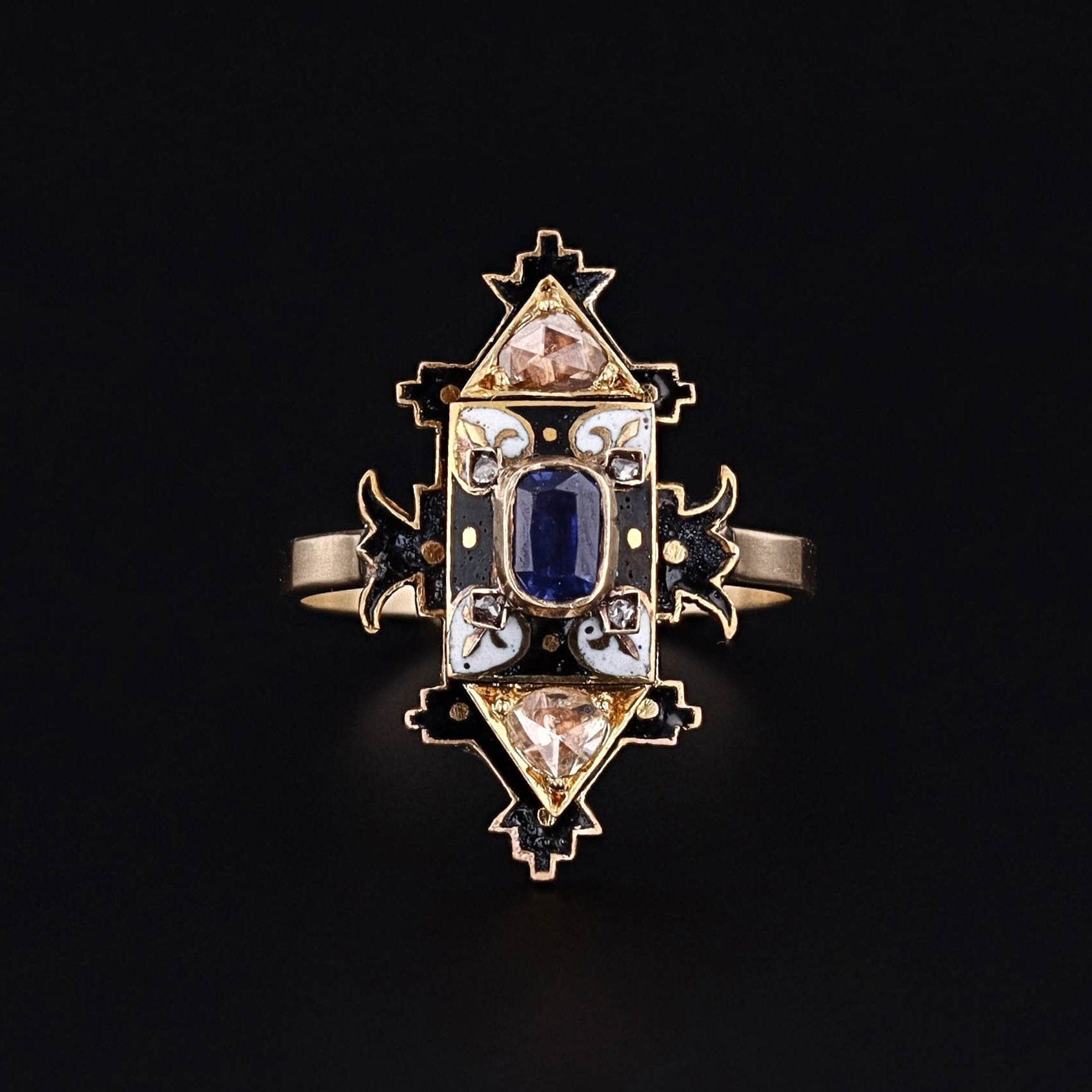 Antique Holbeinesque Sapphire Diamond and Enamel Conversion Ring
