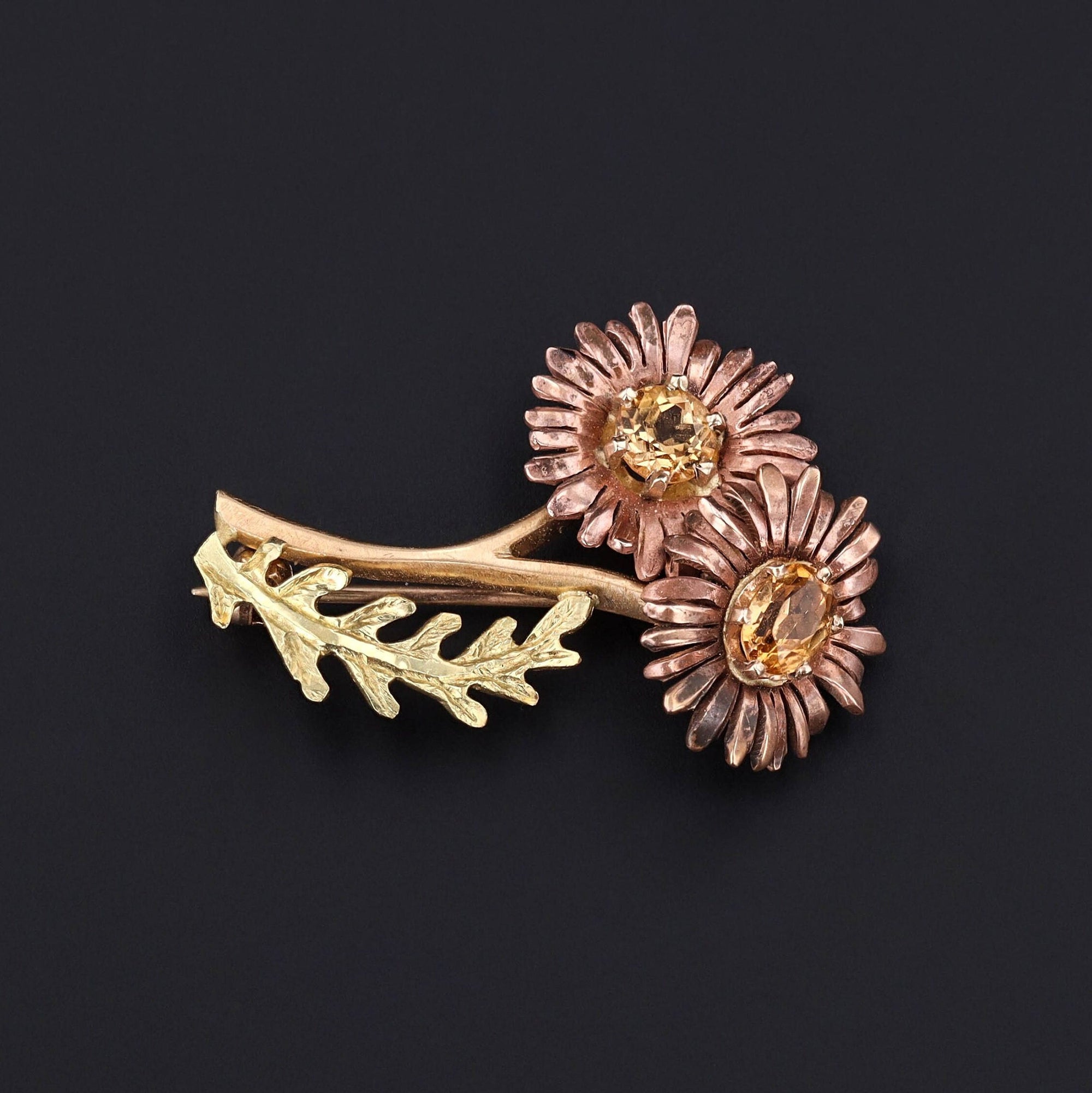Vintage Citrine Daisy Brooch Rose and Yellow Gold