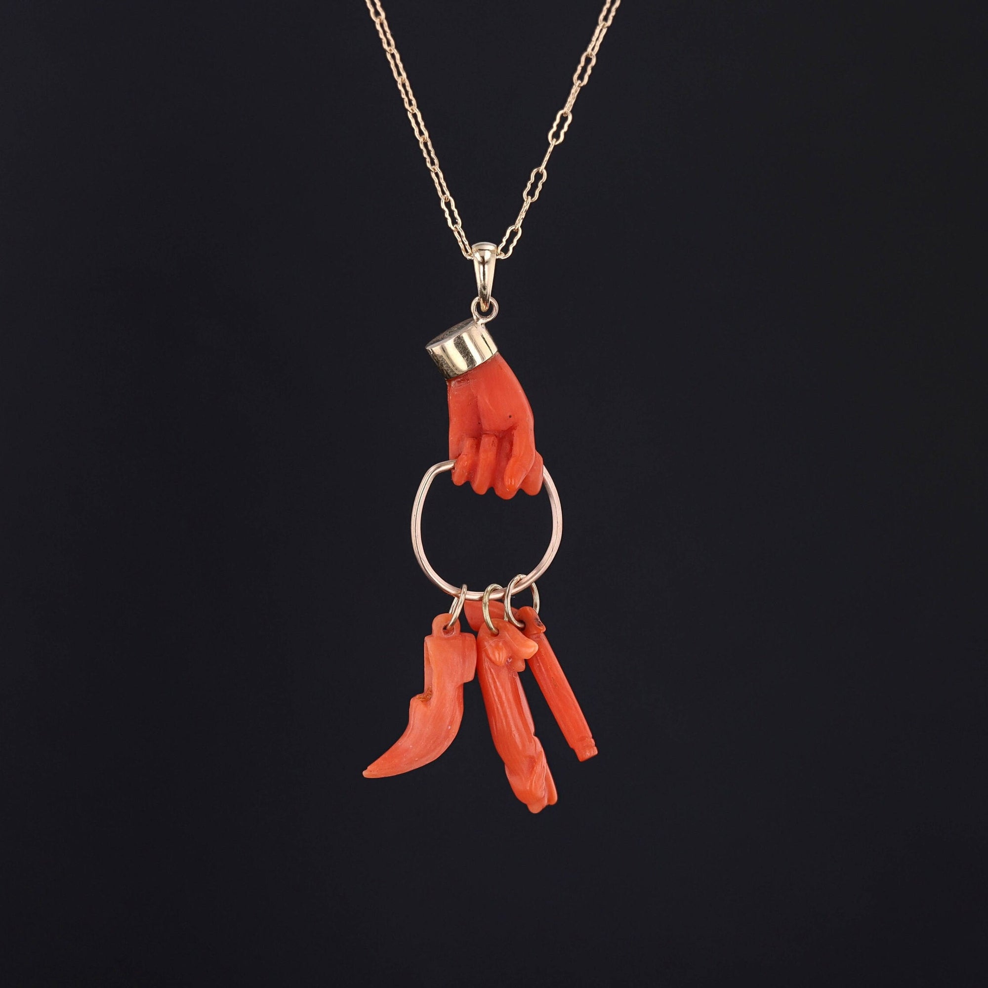 Antique Coral Hand Pendant of 14k Gold