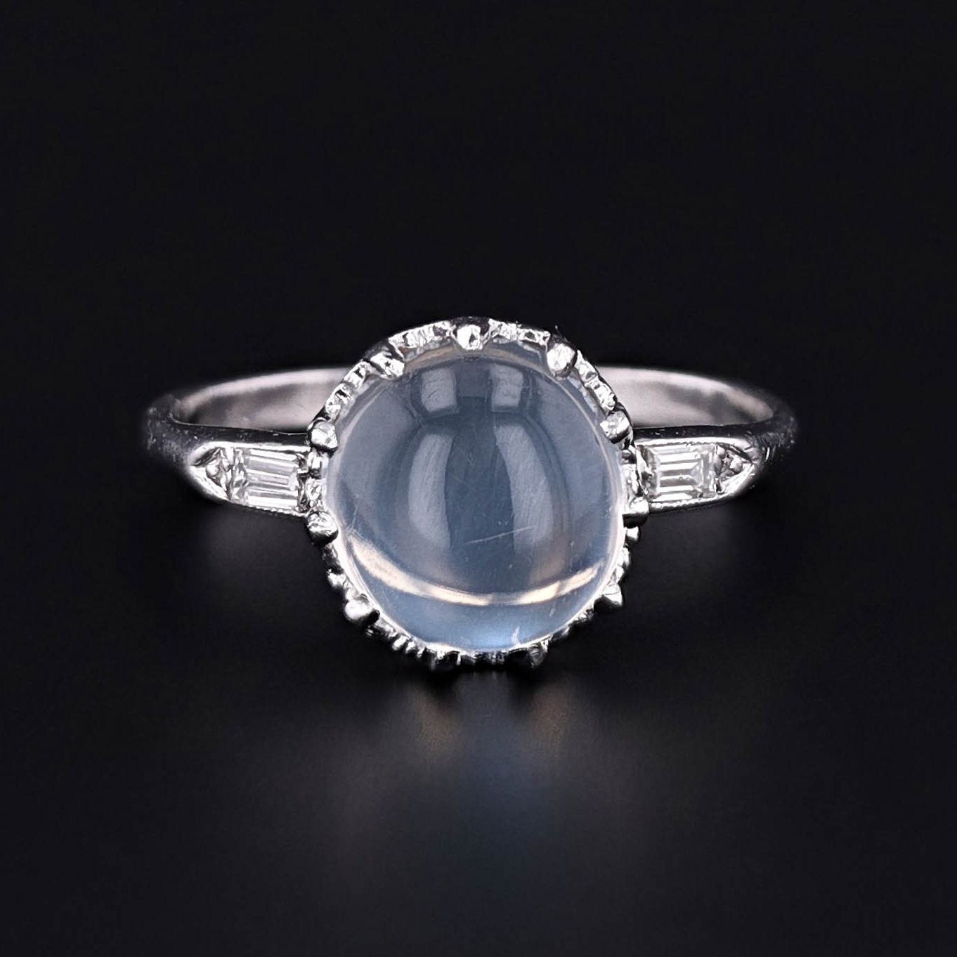 Vintage Moonstone and Diamond Ring of 14k White Gold