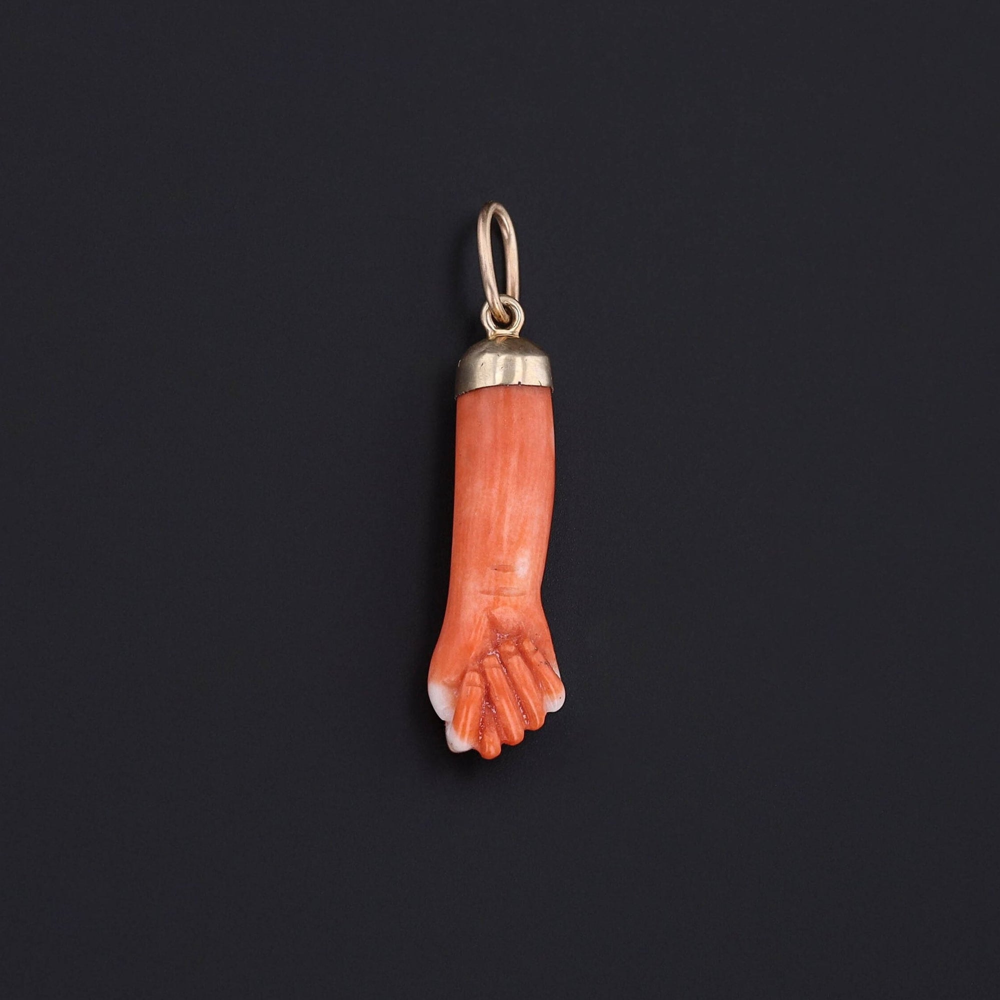 Antique Carved Coral Figa Charm of 14k Gold