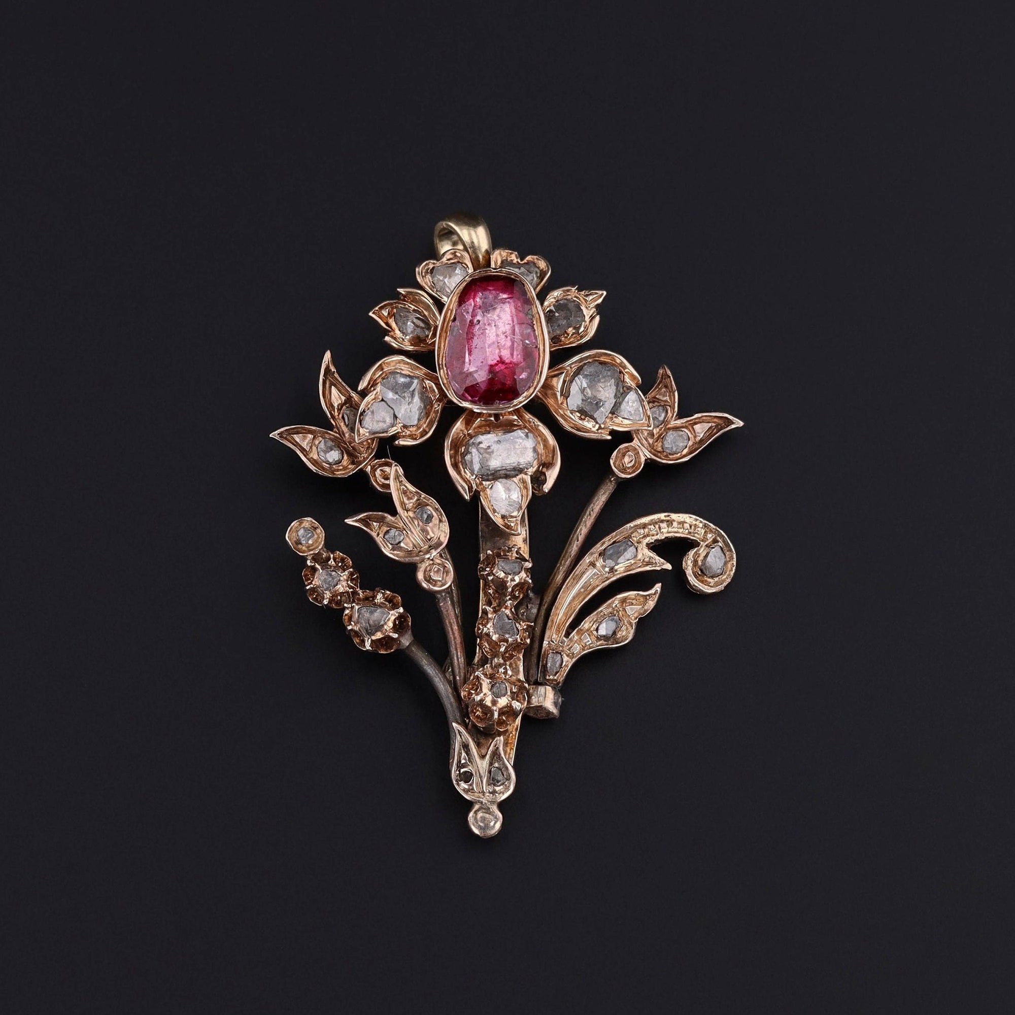 Georgian Diamond and Foil Backed Spinel Flower Pendant of 9ct Gold