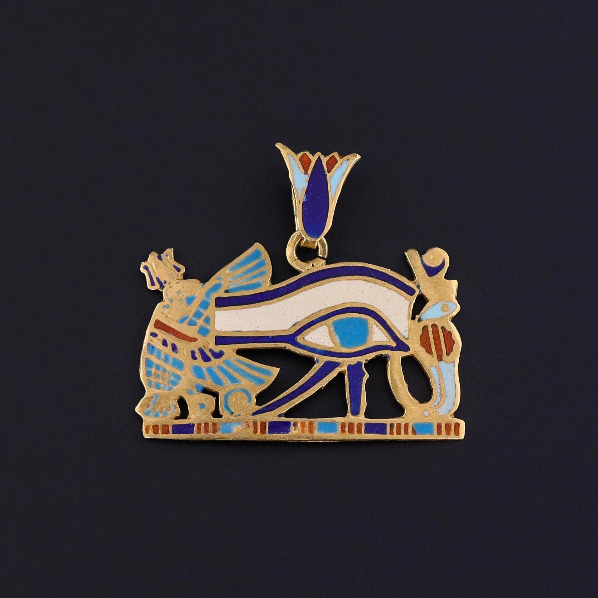 Vintage Enamel Eye of Horus Pendant of 18k Gold