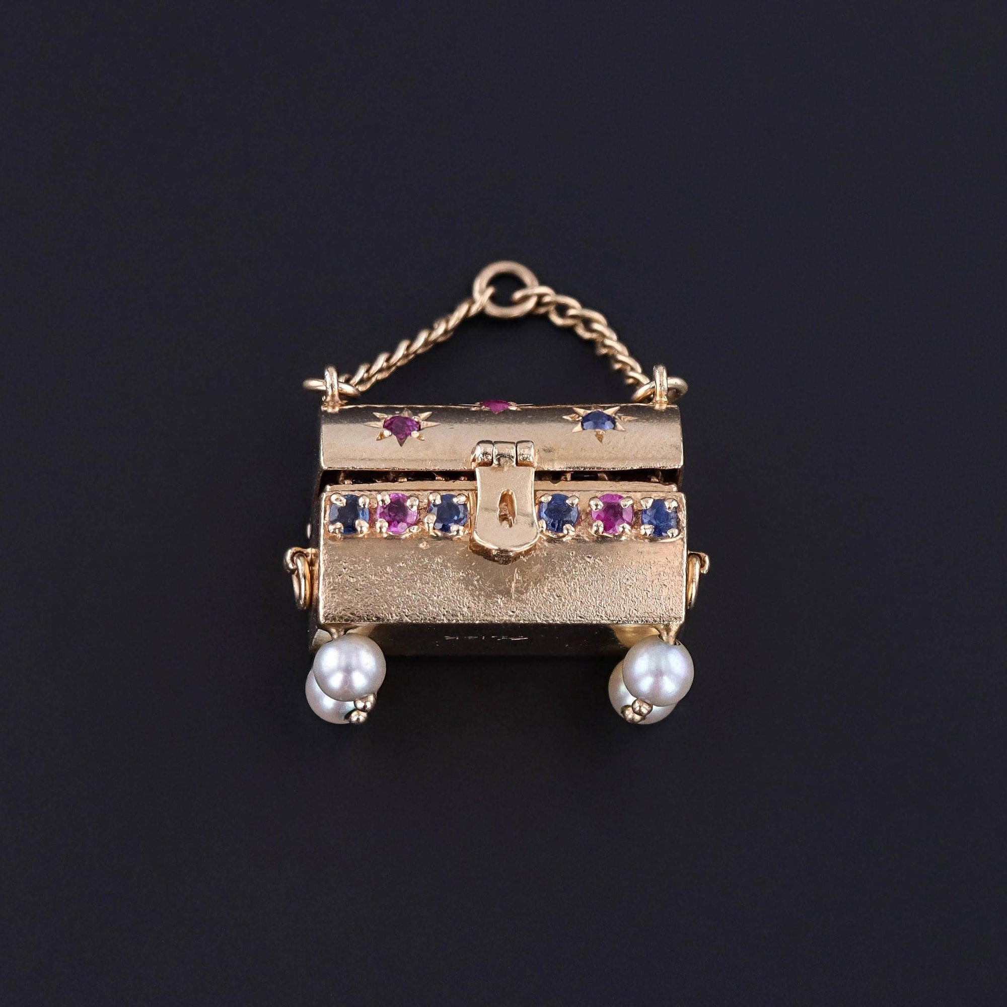 Vintage Gemstone Treasure Chest Pendant of 14k Gold