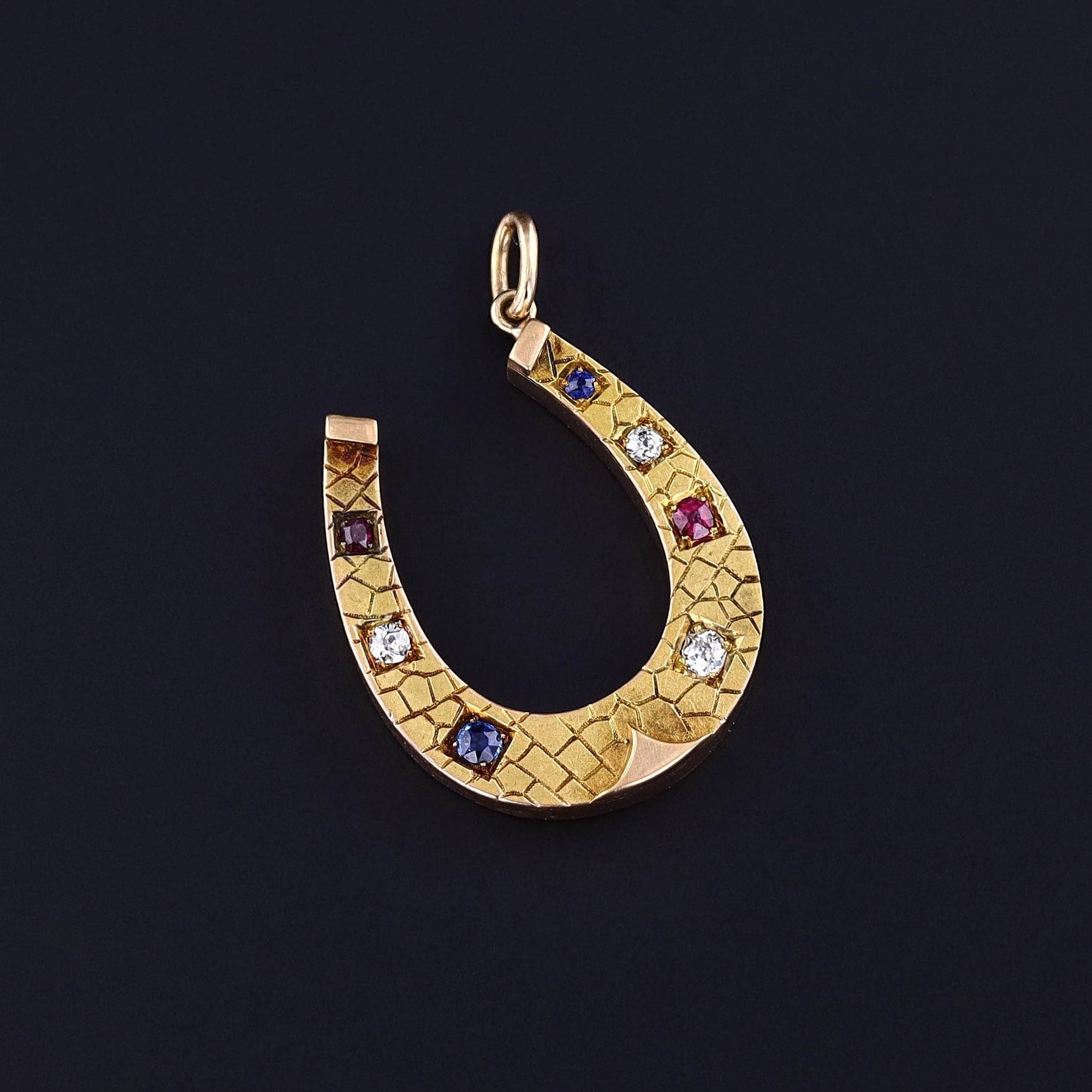 Antique Ruby Diamond and Sapphire Horseshoe Pendant of 14k Gold