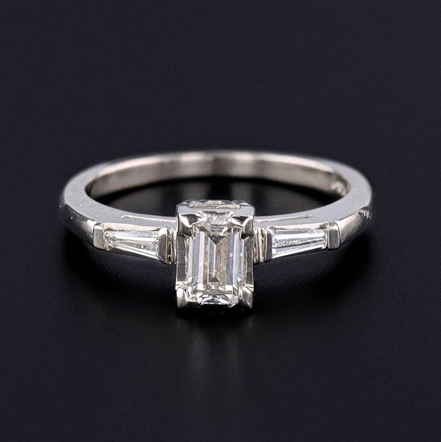 Vintage Emerald Cut Diamond Engagement Ring of 14k White Gold