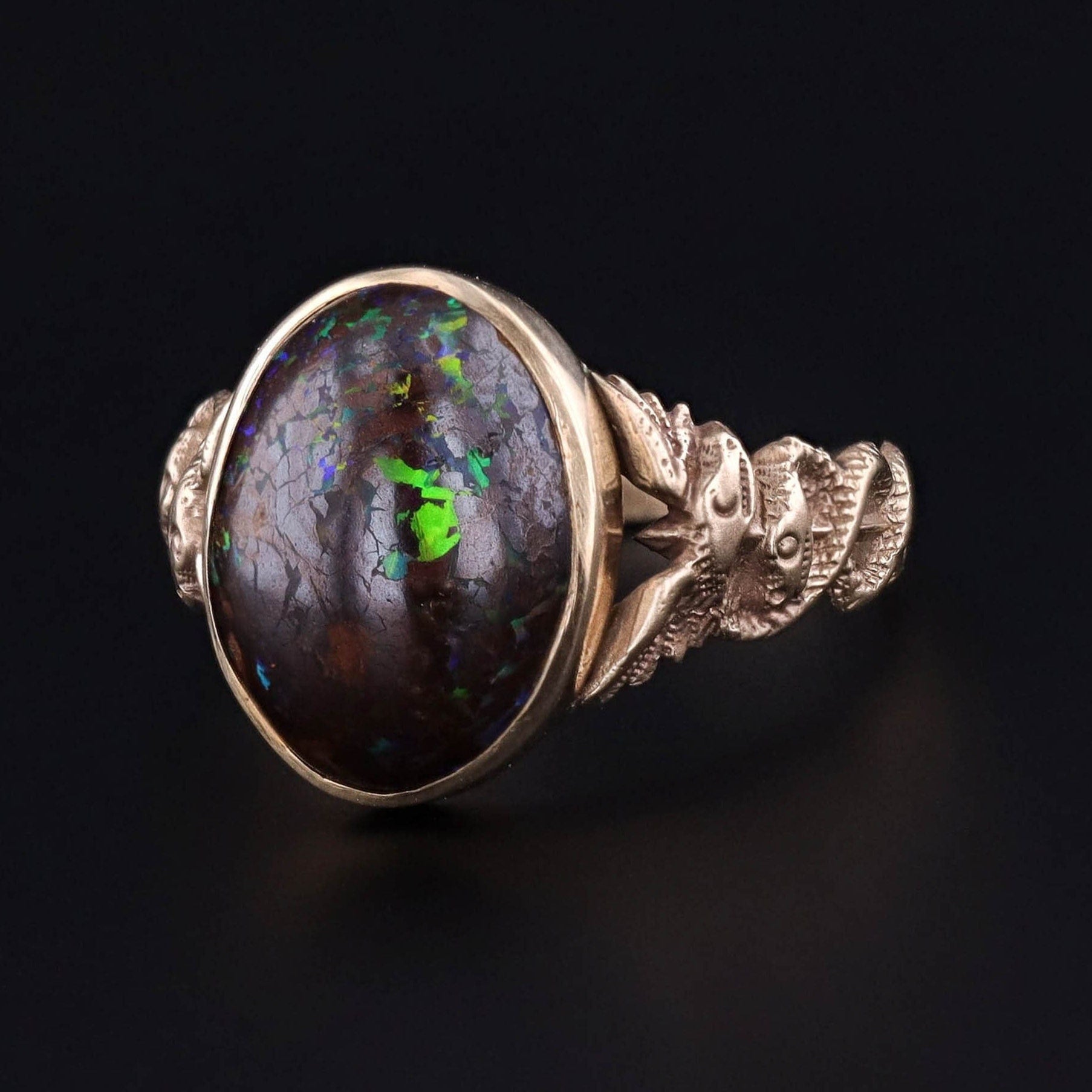 Boulder Opal Caduceus Ring of 14k Gold