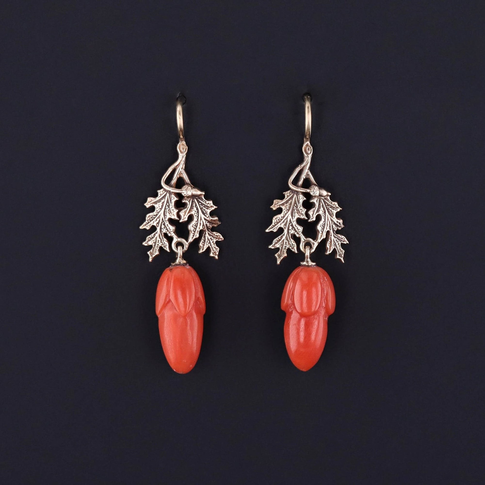 Antique Coral Acorn Conversion Earrings of 14k Gold