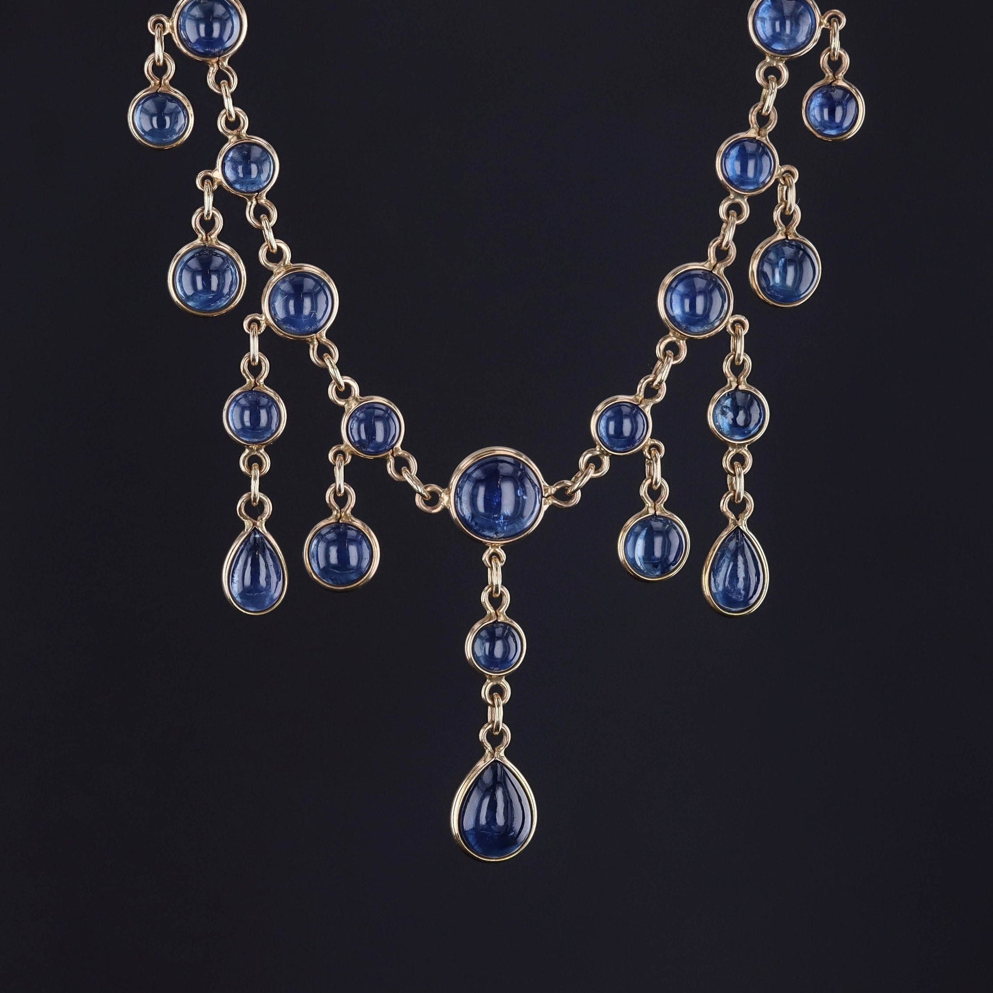 Antique Natural Sapphire Fringe Necklace of 14k Gold