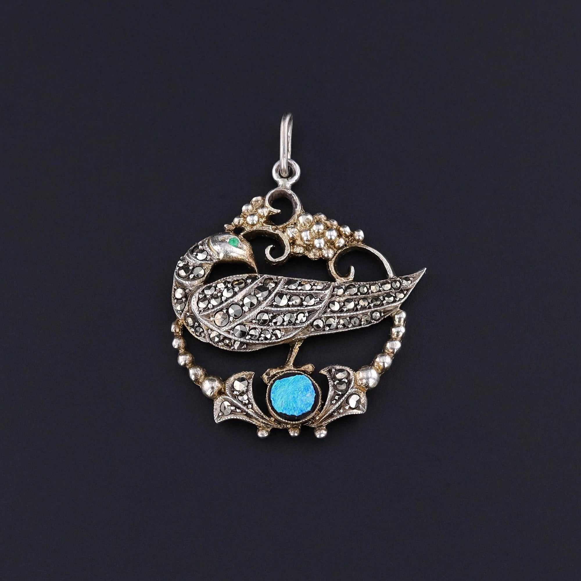 Antique Peacock Pendant with Opal and Marcasites