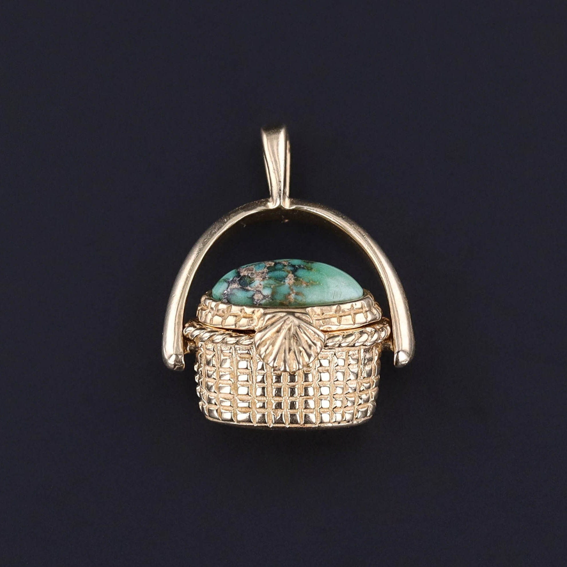 Vintage Turquoise Basket Locket Pendant of 14k Gold