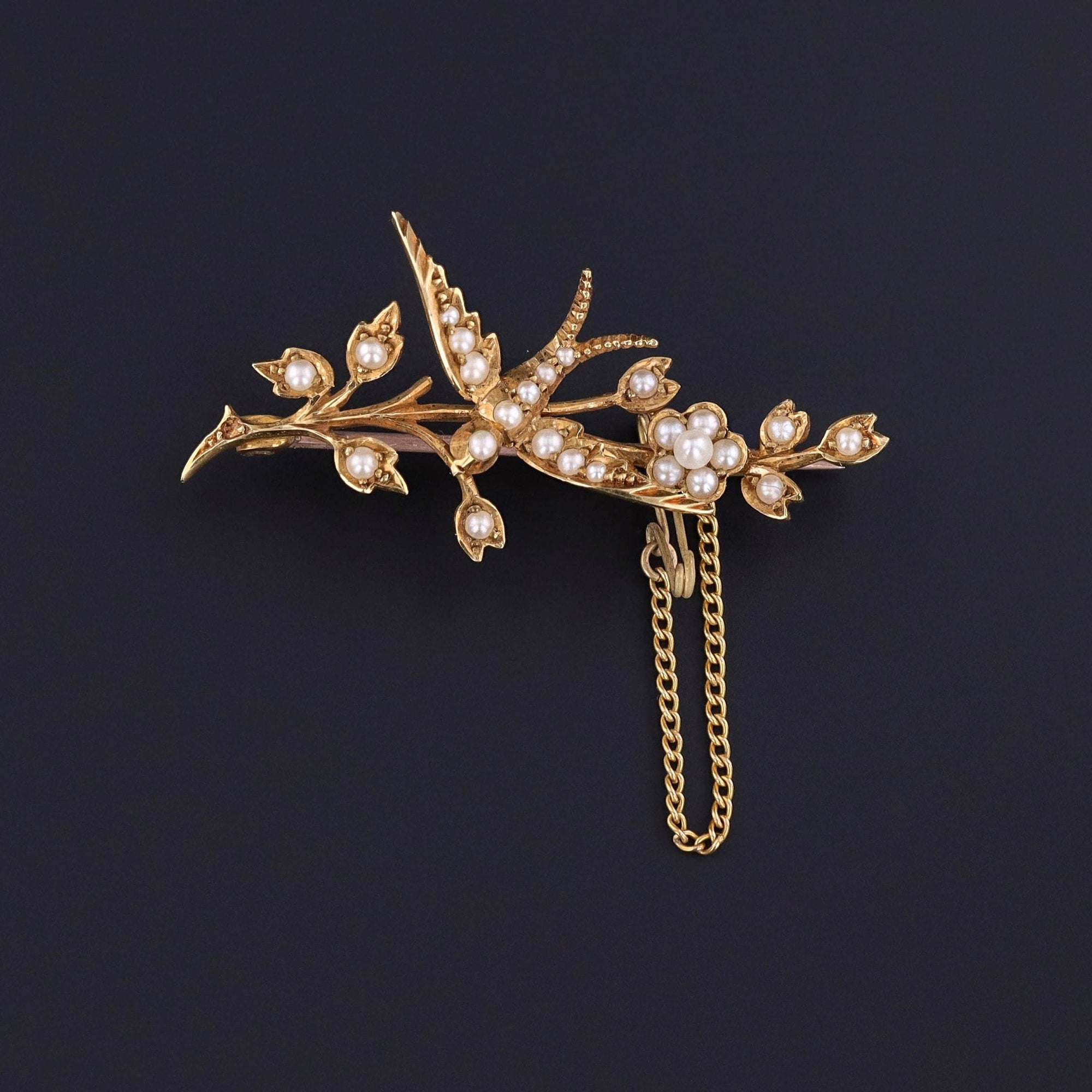 Antique Pearl Swallow Brooch of 18k Gold