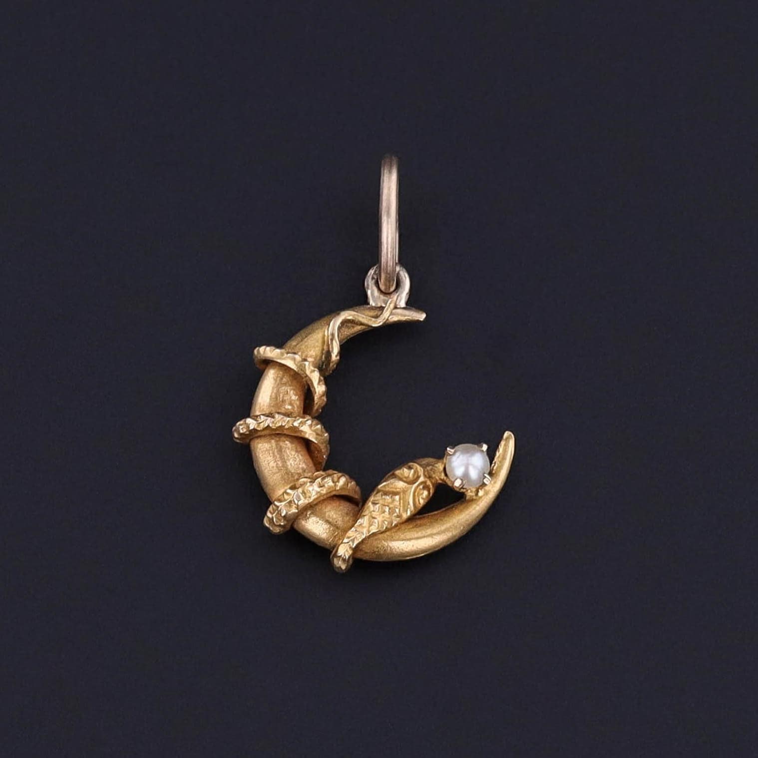 Antique Snake Crescent Charm of 14k Gold
