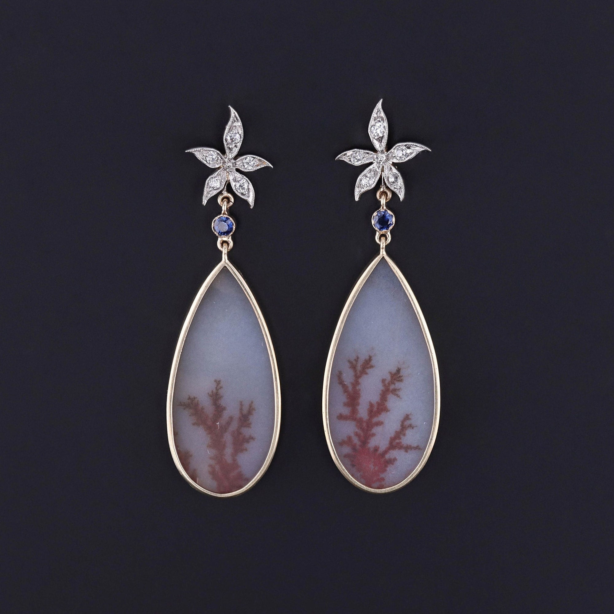 Dendritic Agate and Diamond Flower Earrings of 14k Gold