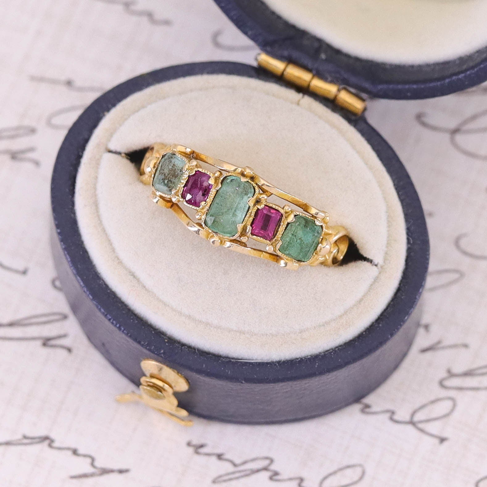 Antique Beryl and Ruby Ring of 14k Gold