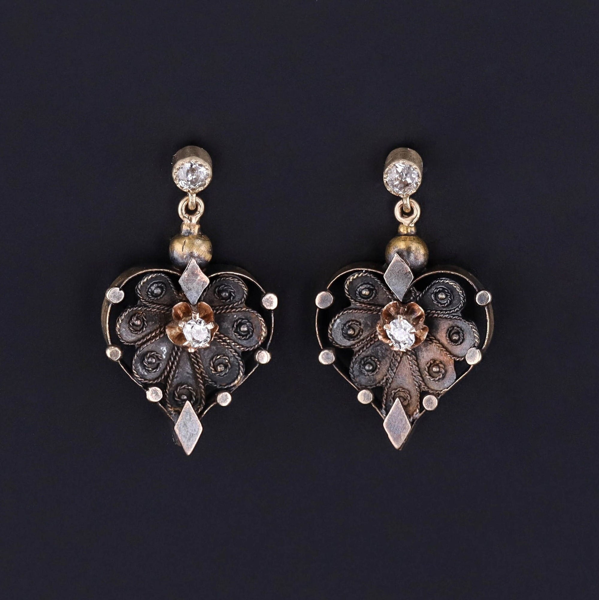 Antique Diamond Heart Conversion Earrings of 14k Gold