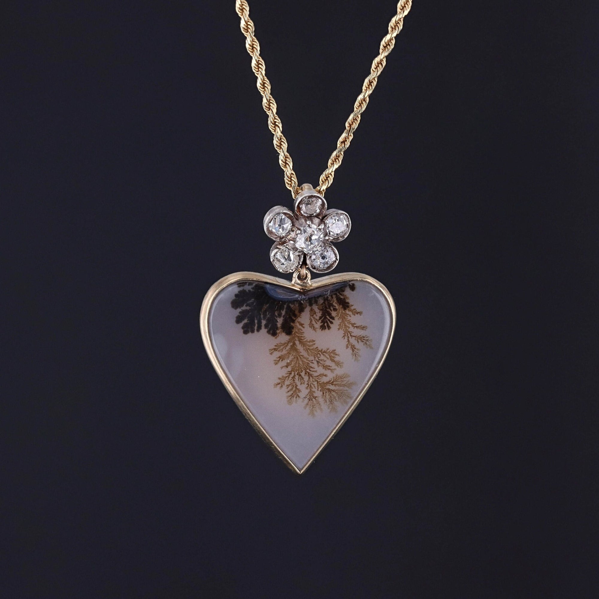 Dendritic Agate and Diamond Pendant of 14k Gold
