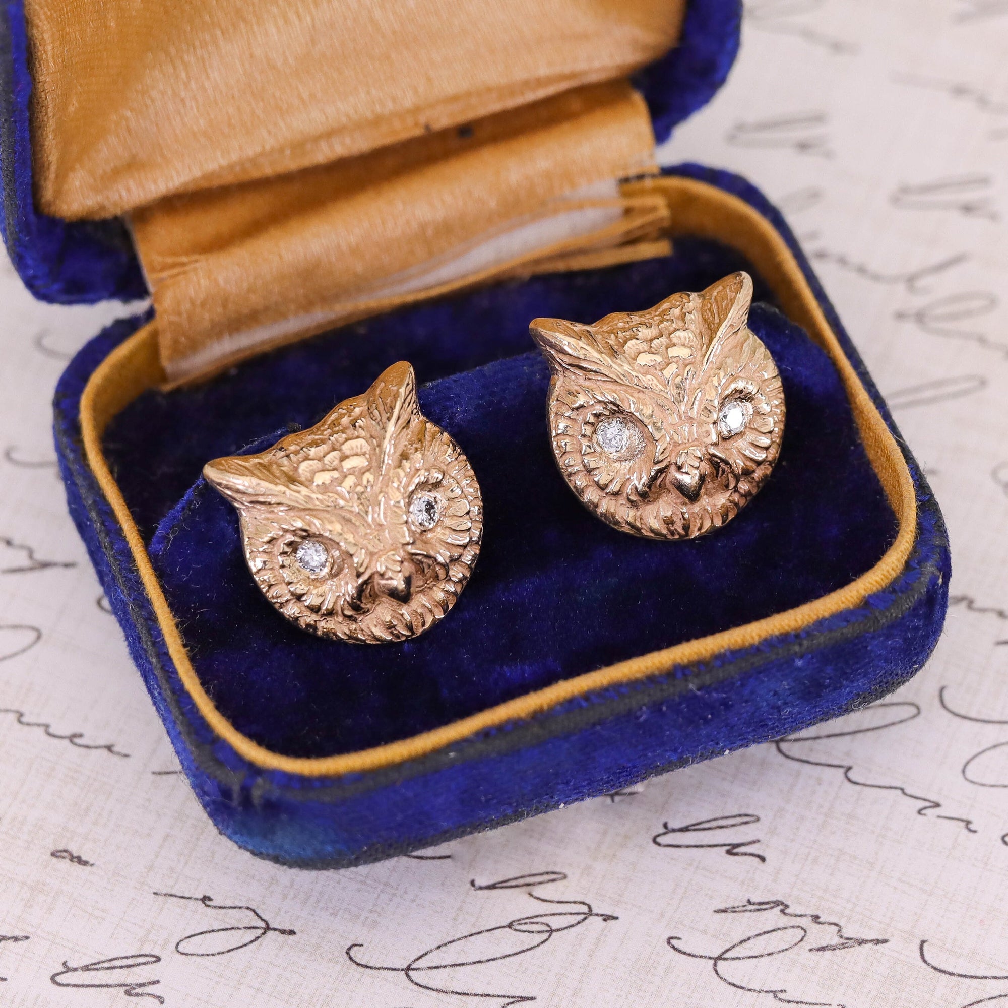 Vintage Diamond Owl Earrings of 14k Gold