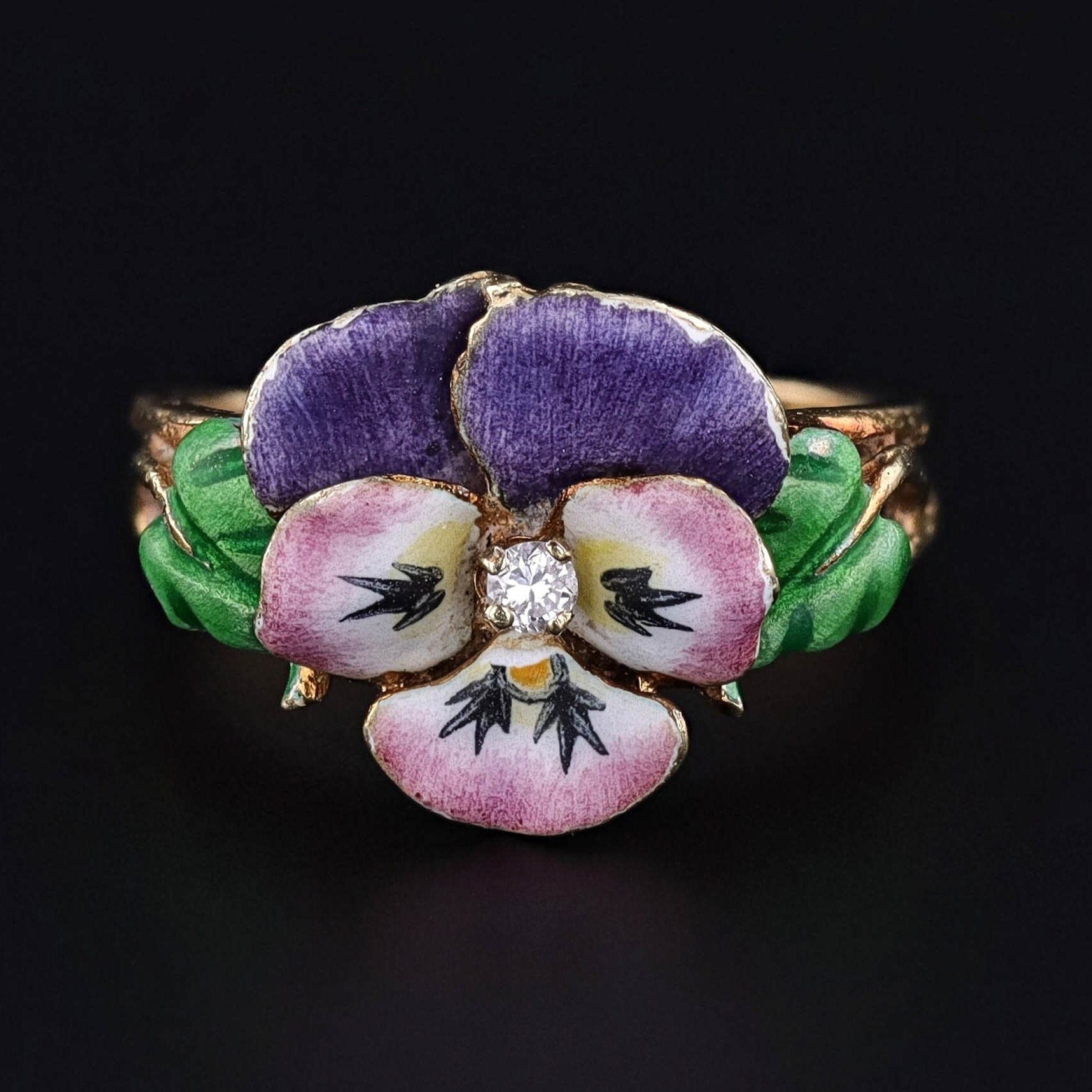 Vintage Enamel and Diamond Pansy Ring of 14k Gold