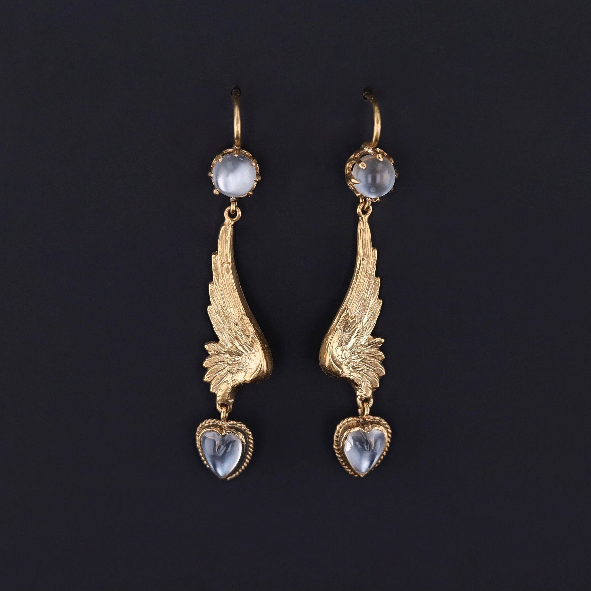 Antique Moonstone Heart Wing Conversion Earrings of 14k Gold