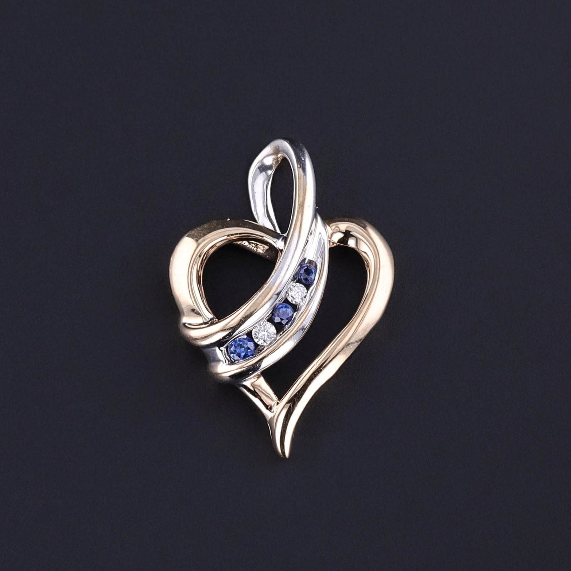 Vintage Sapphire and Diamond Heart Pendant of 10k Yellow and White Gold