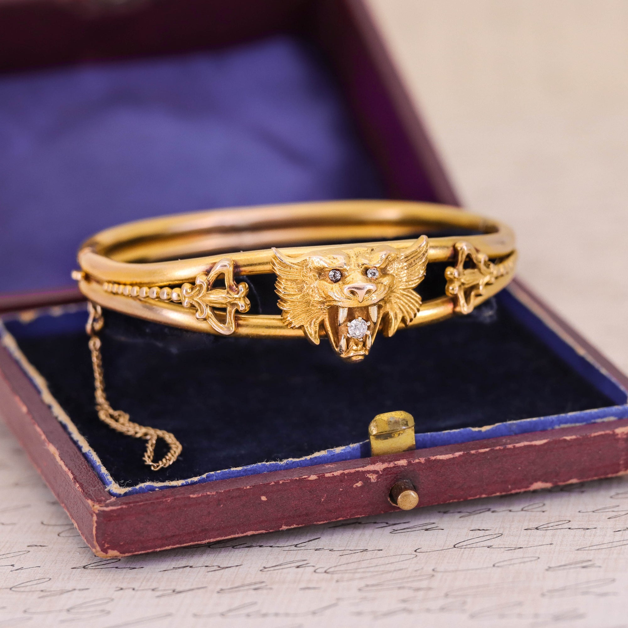 Antique Diamond Lion Bangle of 14k Gold