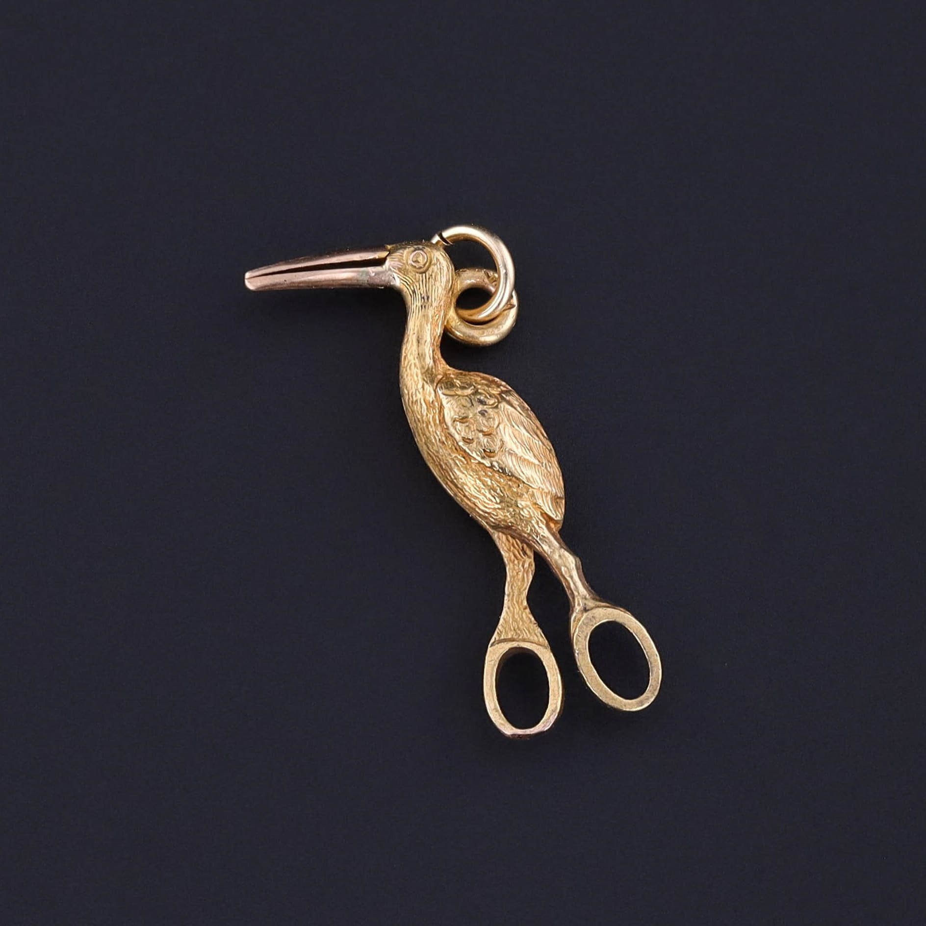 Antique Midwifery Stork Clamp Charm of 14k Gold