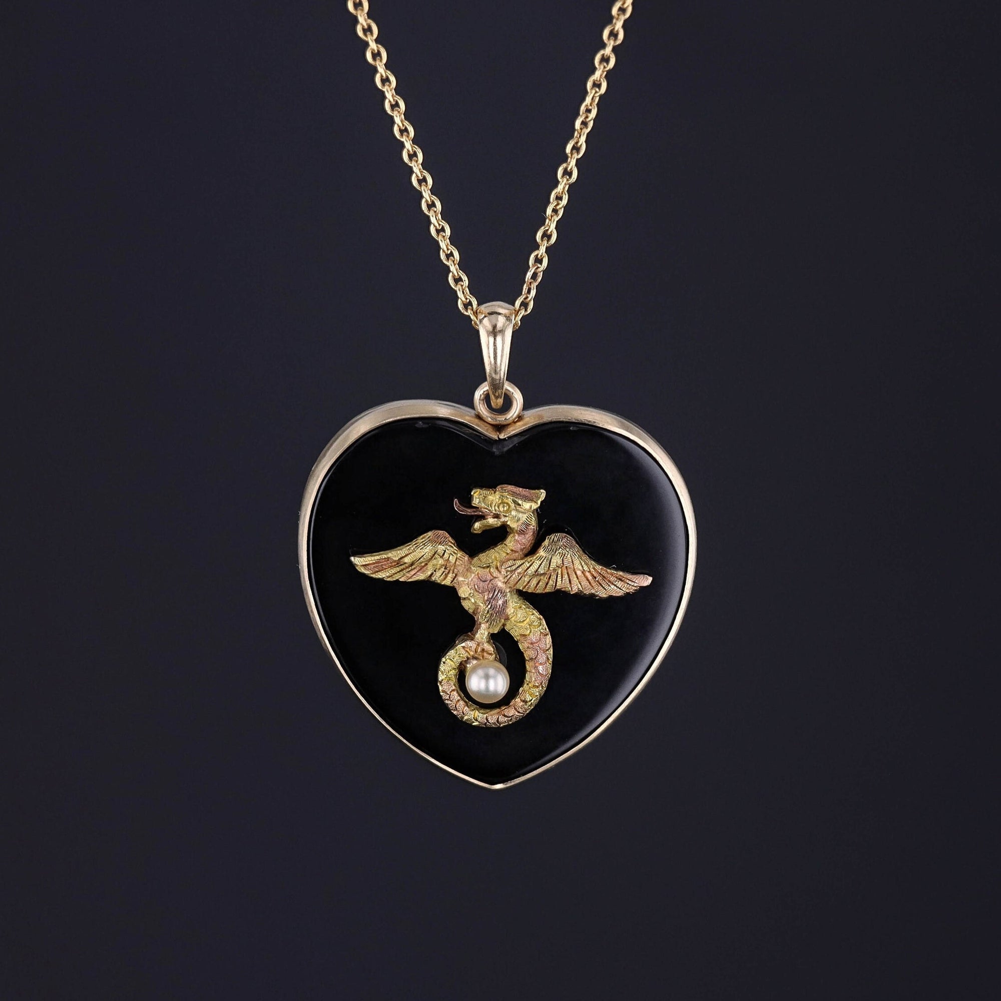 Griffin and Onyx Heart Conversion Pendant of 14k Gold