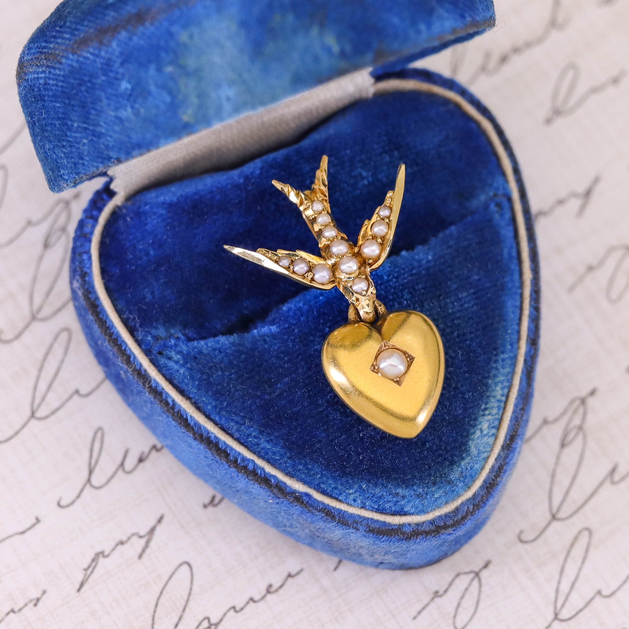Antique Pearl Dove and Heart Pendant of 14k Gold