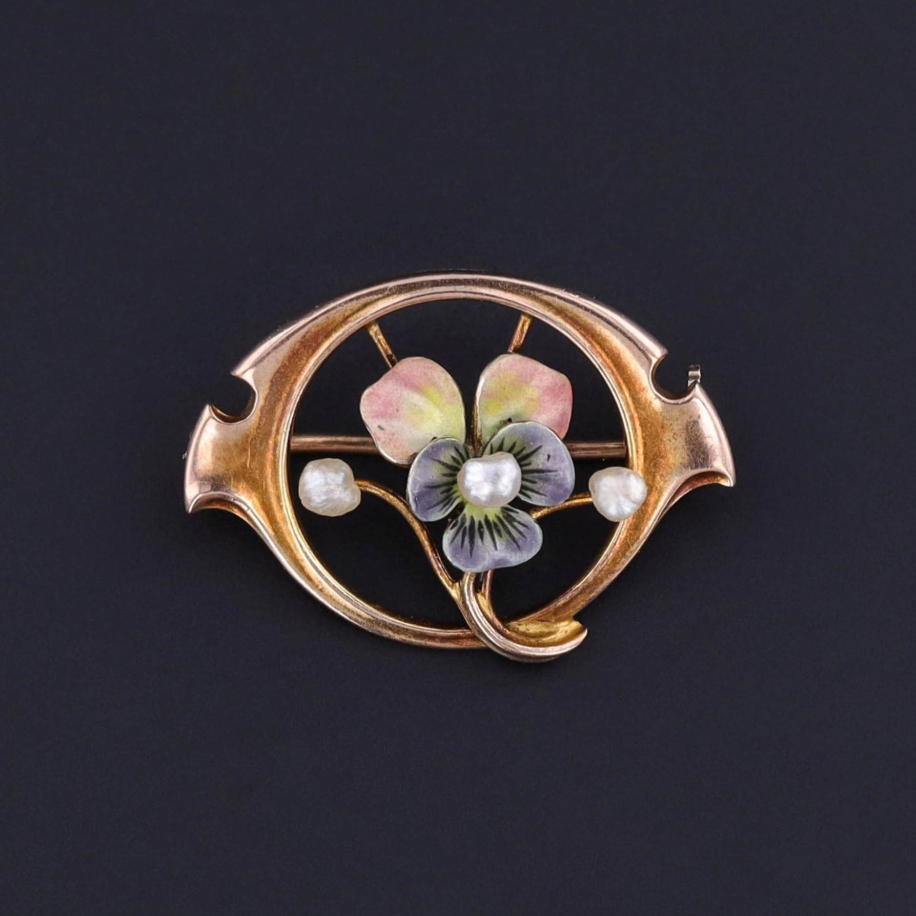 Antique Enamel Pansy Brooch of 10k Gold