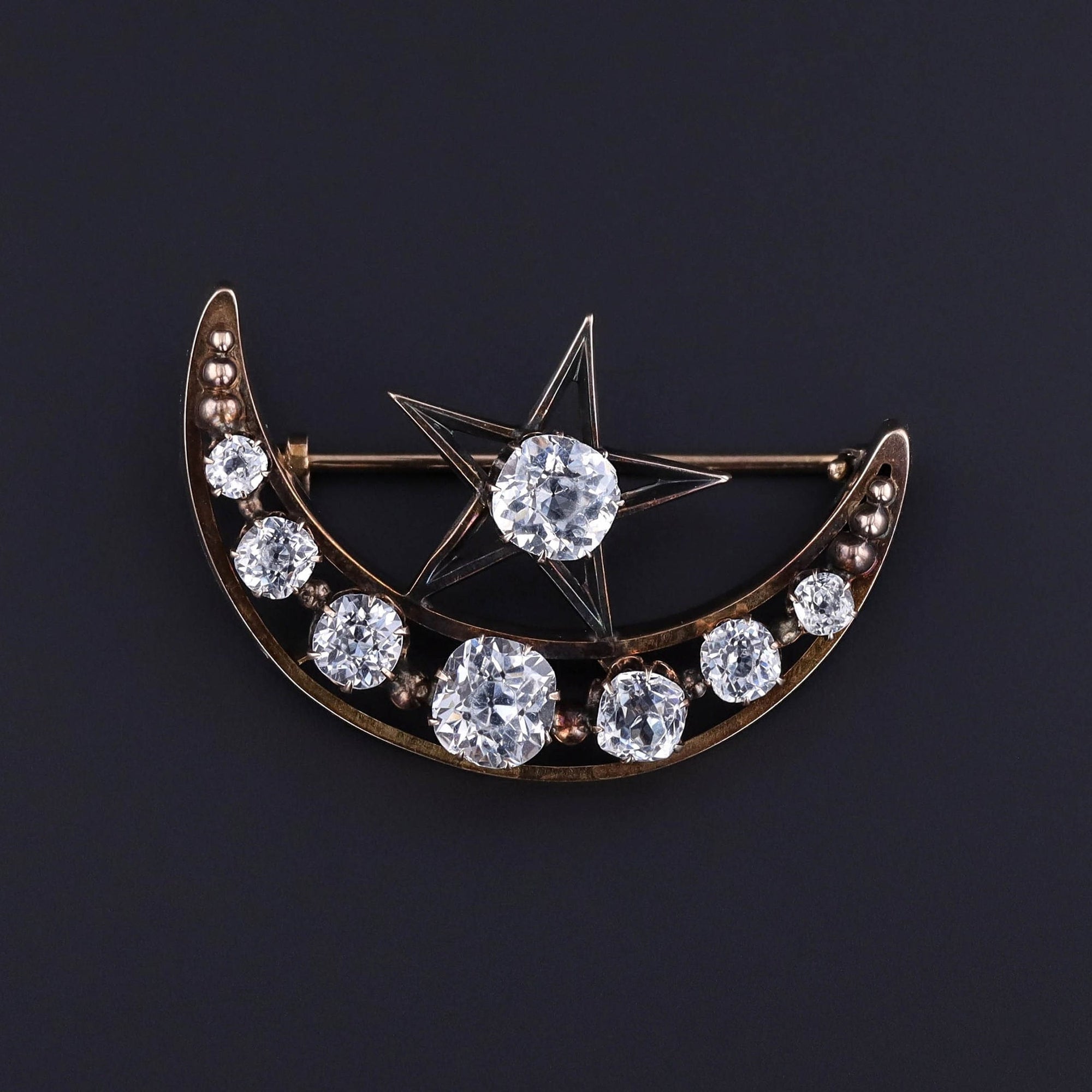 Antique Paste Crescent Moon and Star Brooch of 9ct Gold