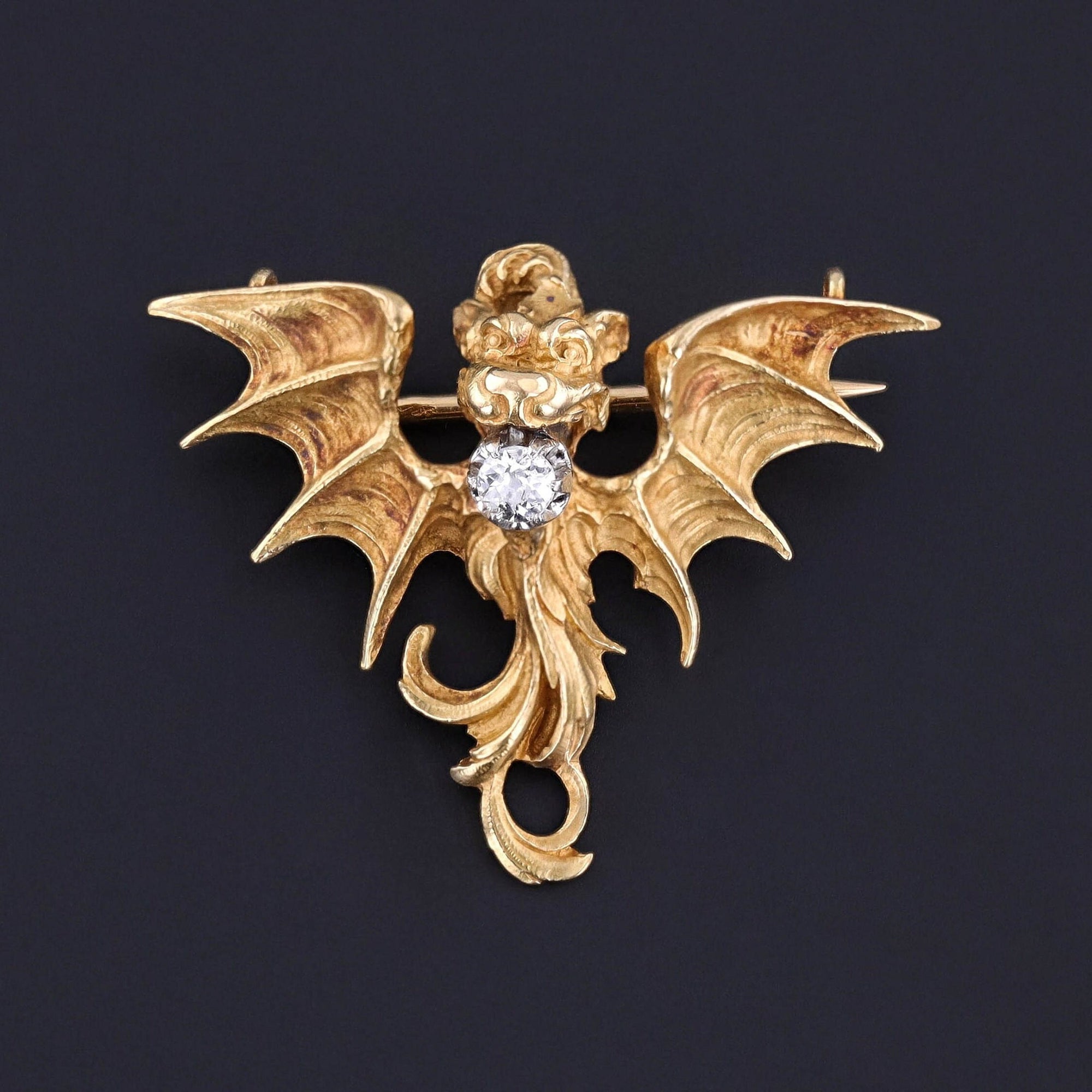 Antique French Art Nouveau Dragon Brooch of 18k Gold