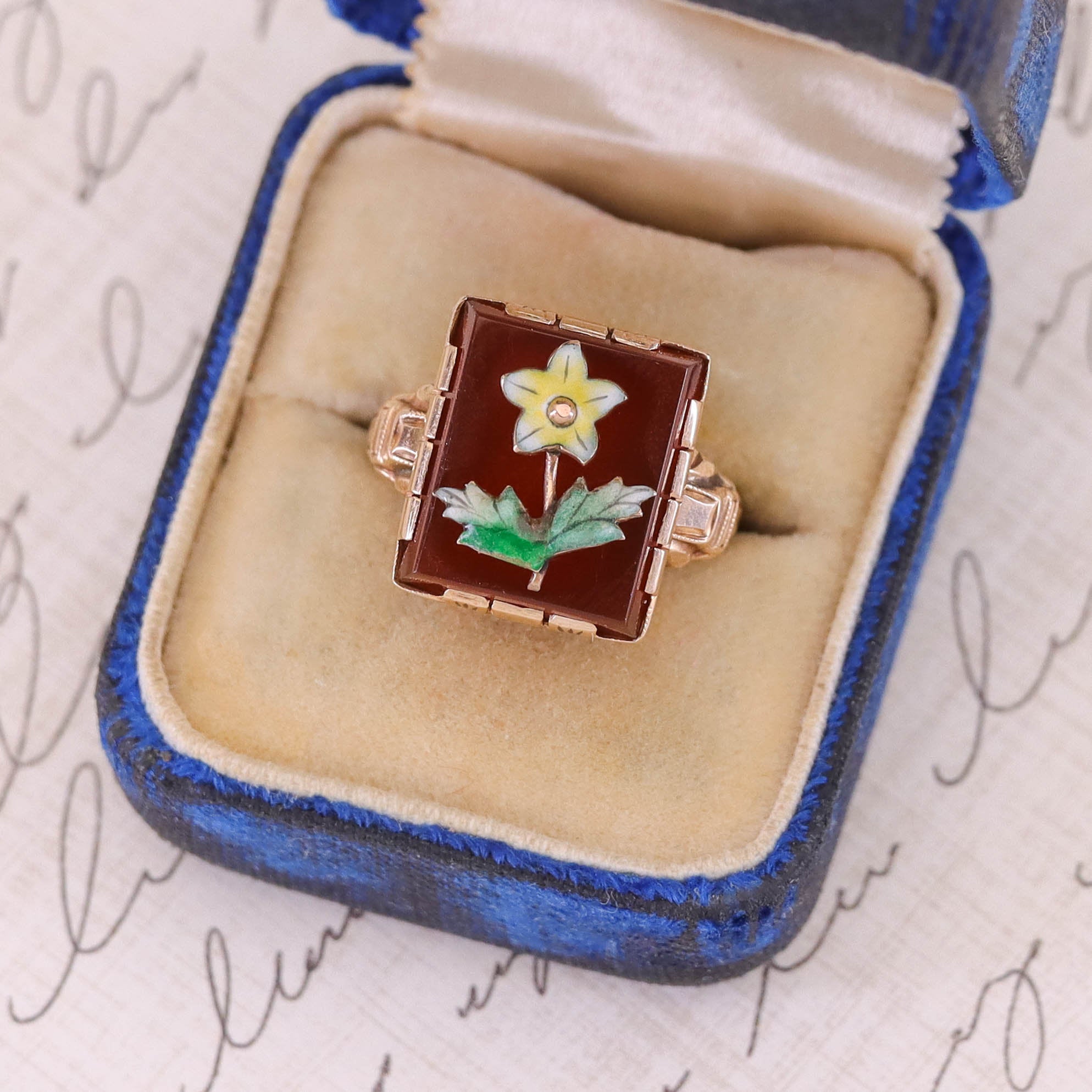 Antique Carnelian and Enamel Flower Conversion Ring of 10k Gold
