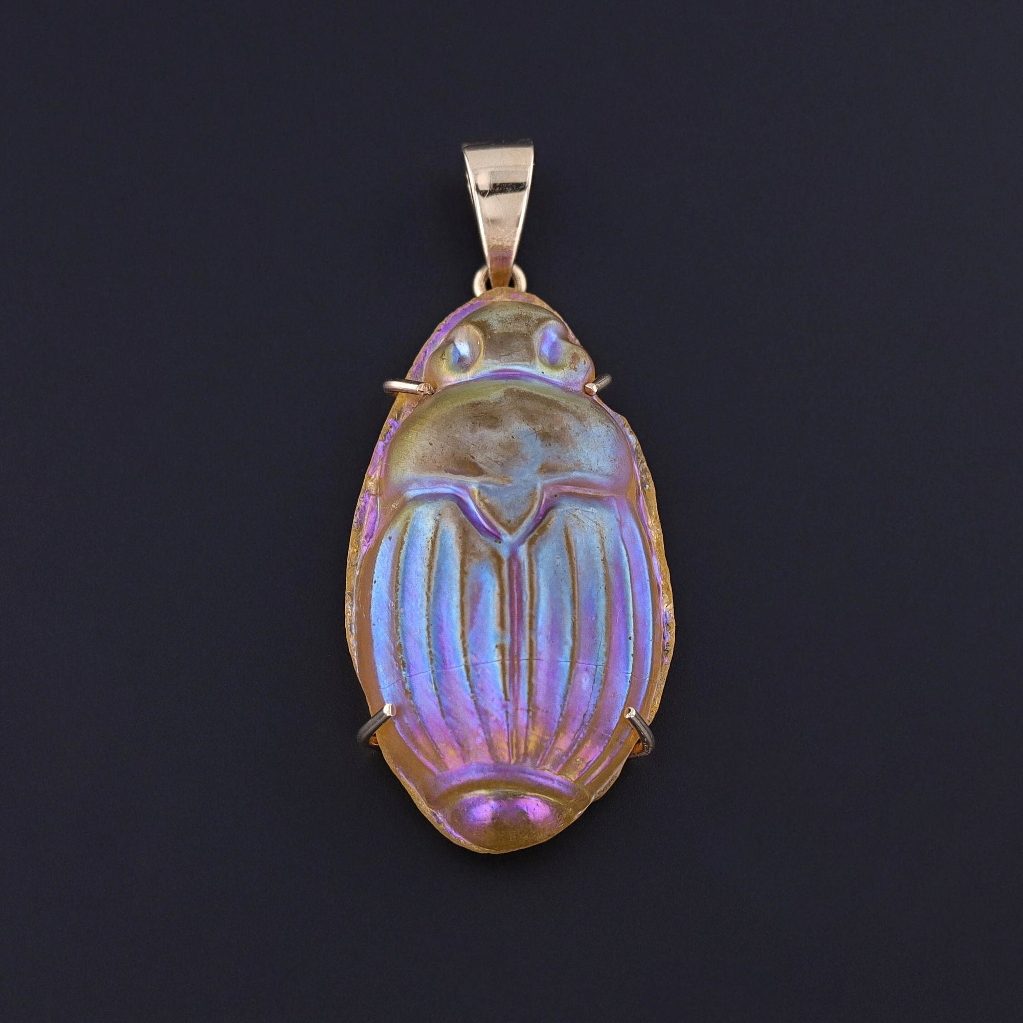 Vintage Favrile Glass Scarab Pendant of 14k Gold