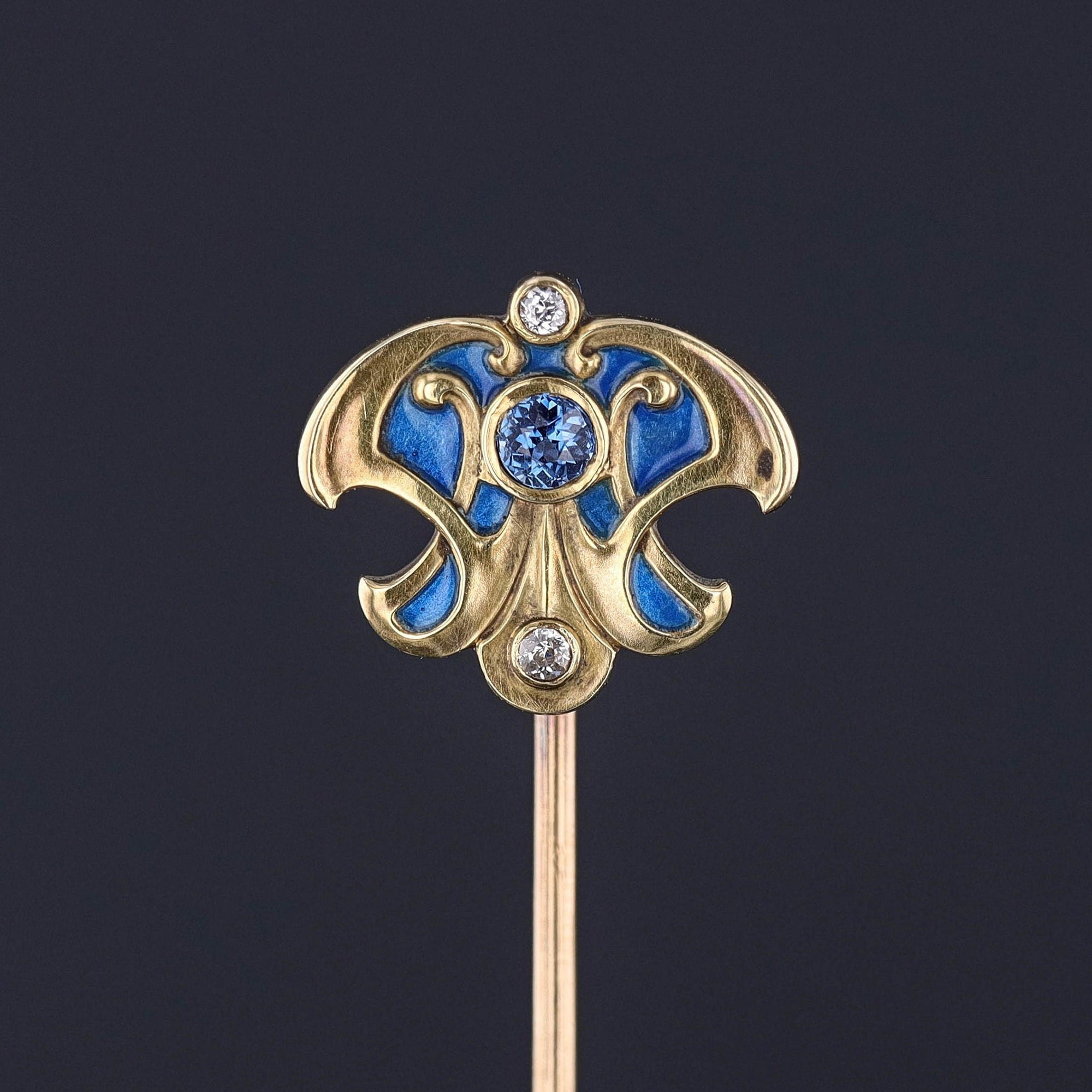 Antique Enamel Sapphire & Diamond Stickpin of 14k Gold