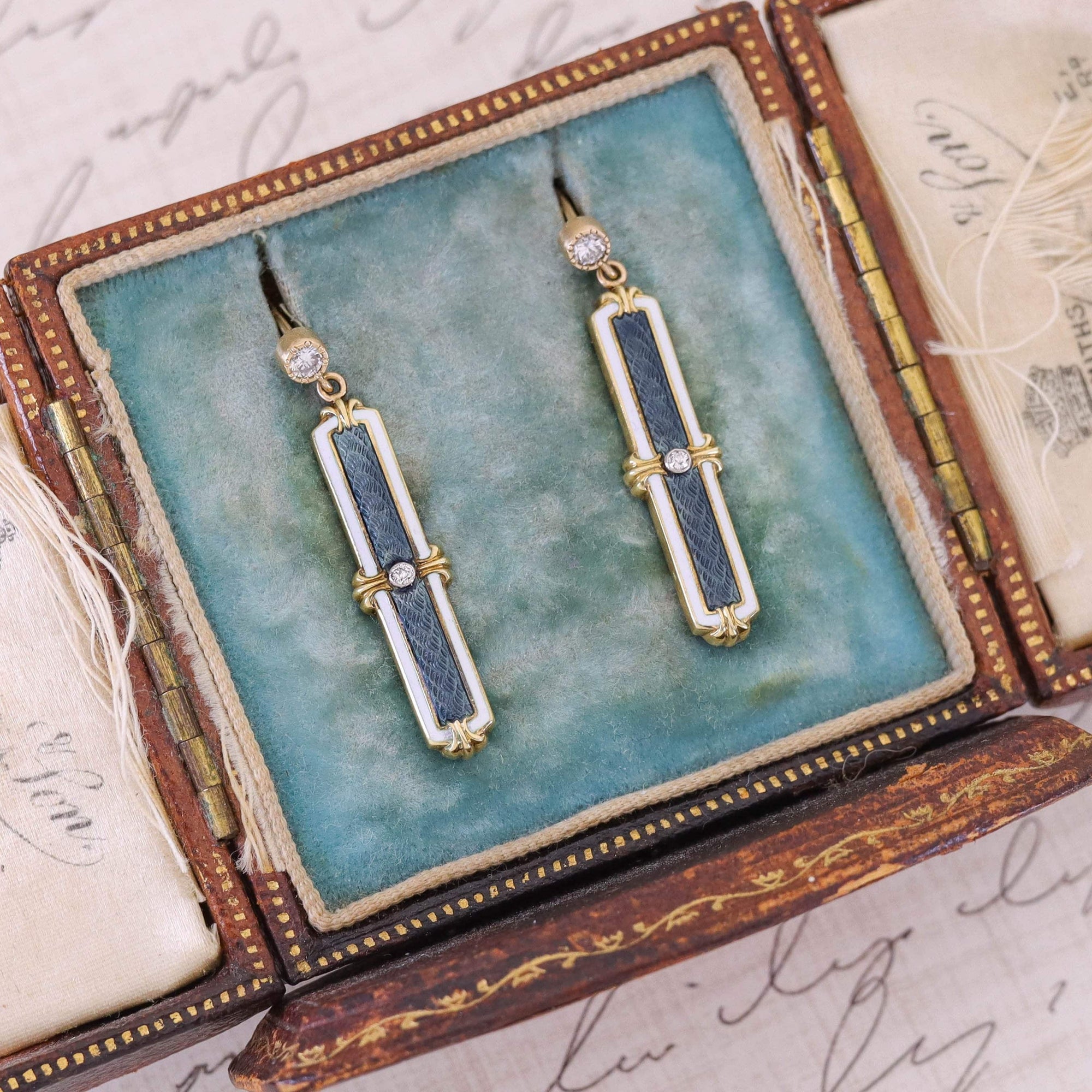 Antique Diamond and Enamel Conversion Earrings of 14k Gold