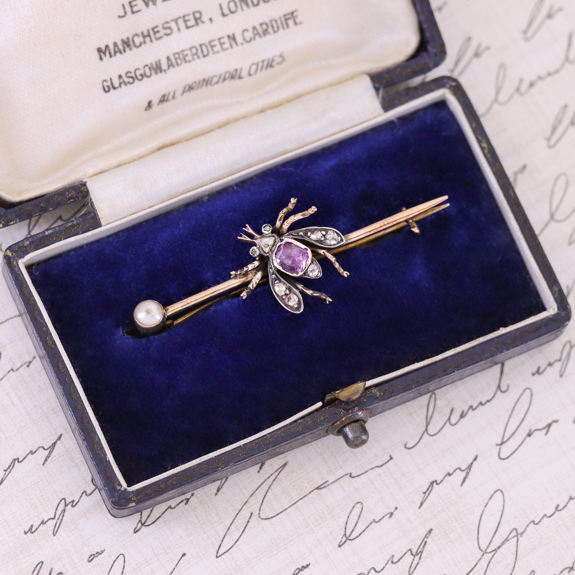 Antique Amethyst and Diamond Insect Brooch