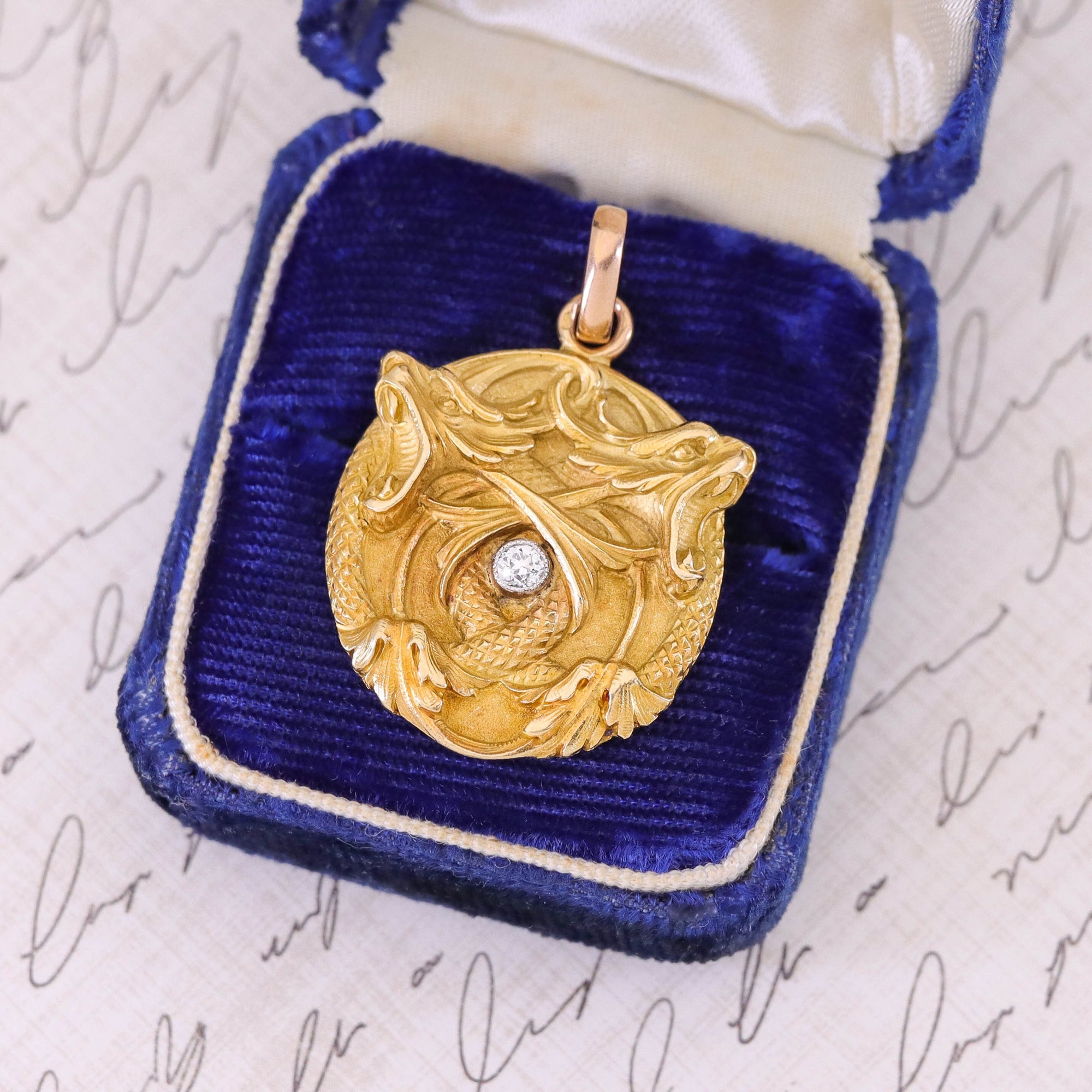 Antique Art Nouveau Double Dragon Pendant of 18k Gold