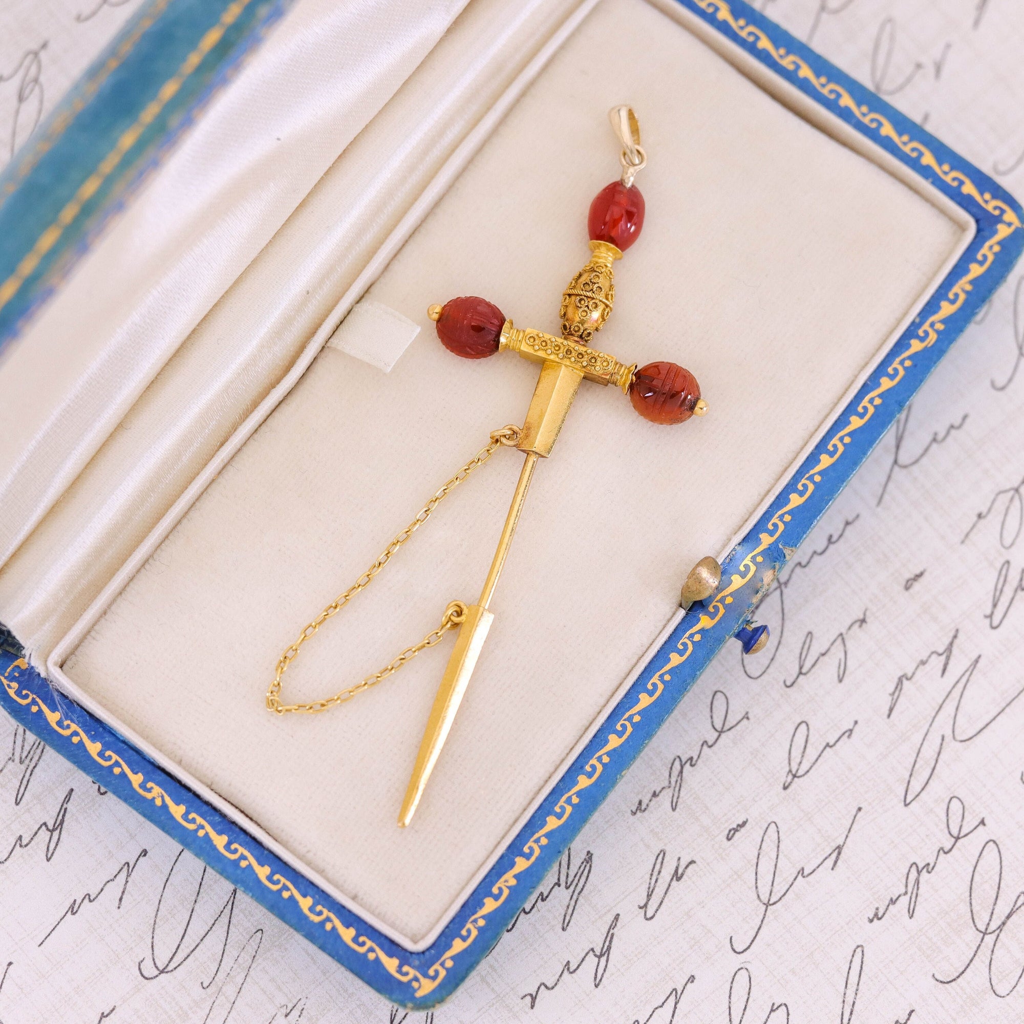 Antique Carnelian Jabot Pin Sword Pendant of 22k Gold