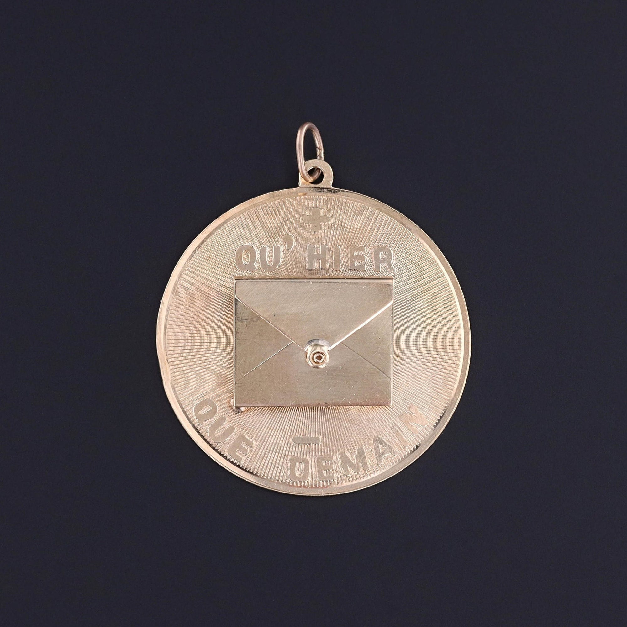 Vintage Qu' Hier Que Demain Love Token Pendant of 14k Gold