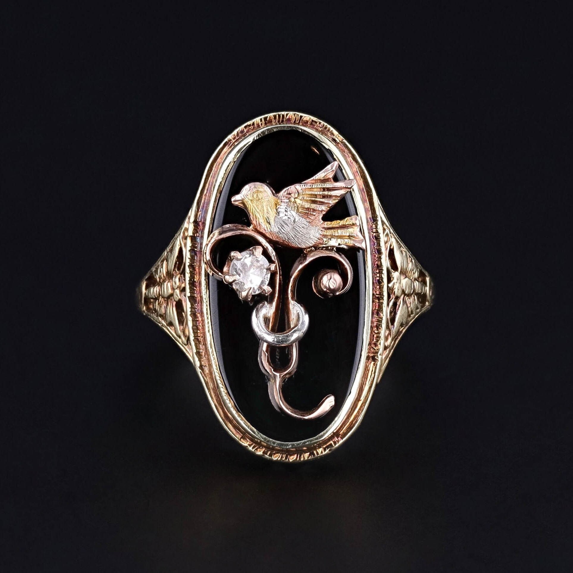 Antique Onyx & Diamond Bird Conversion Ring of 14k Gold