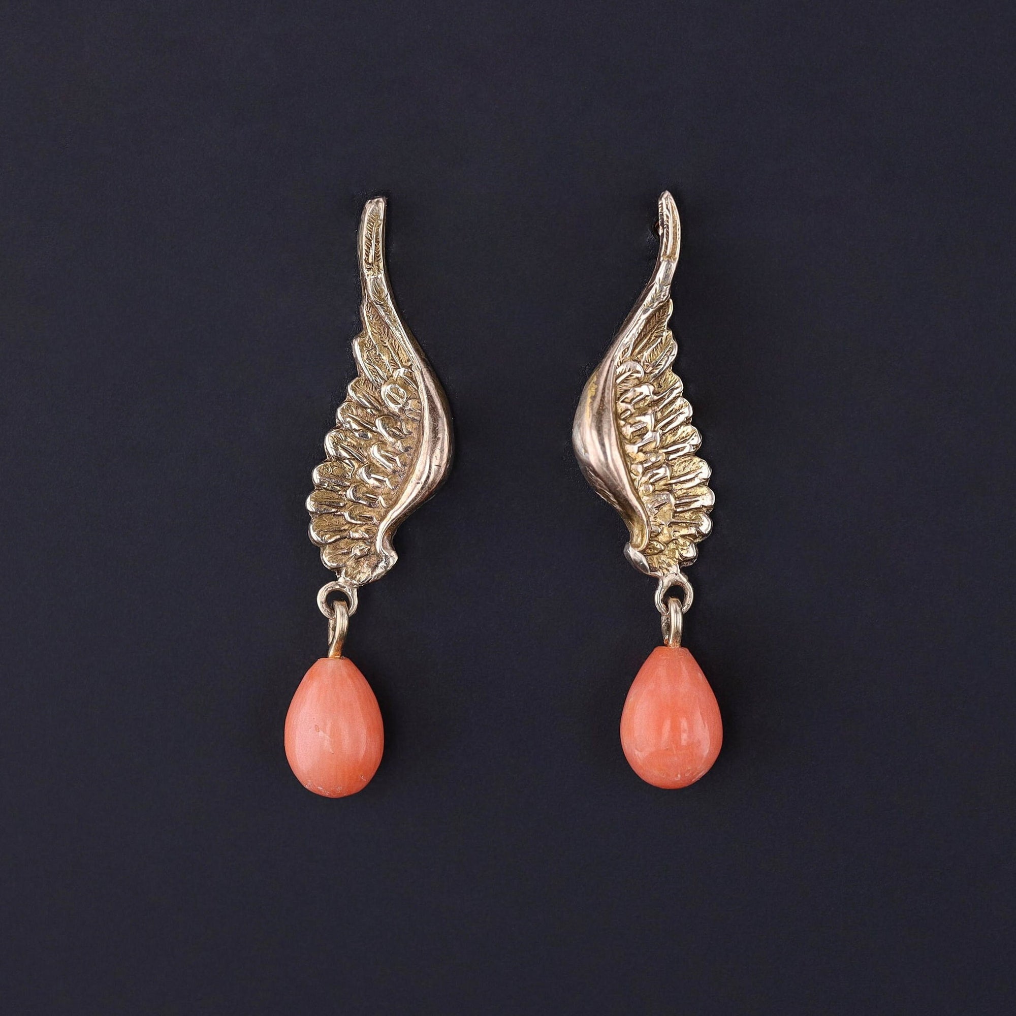 Antique Coral Wing Conversion Earrings of 10k Gold