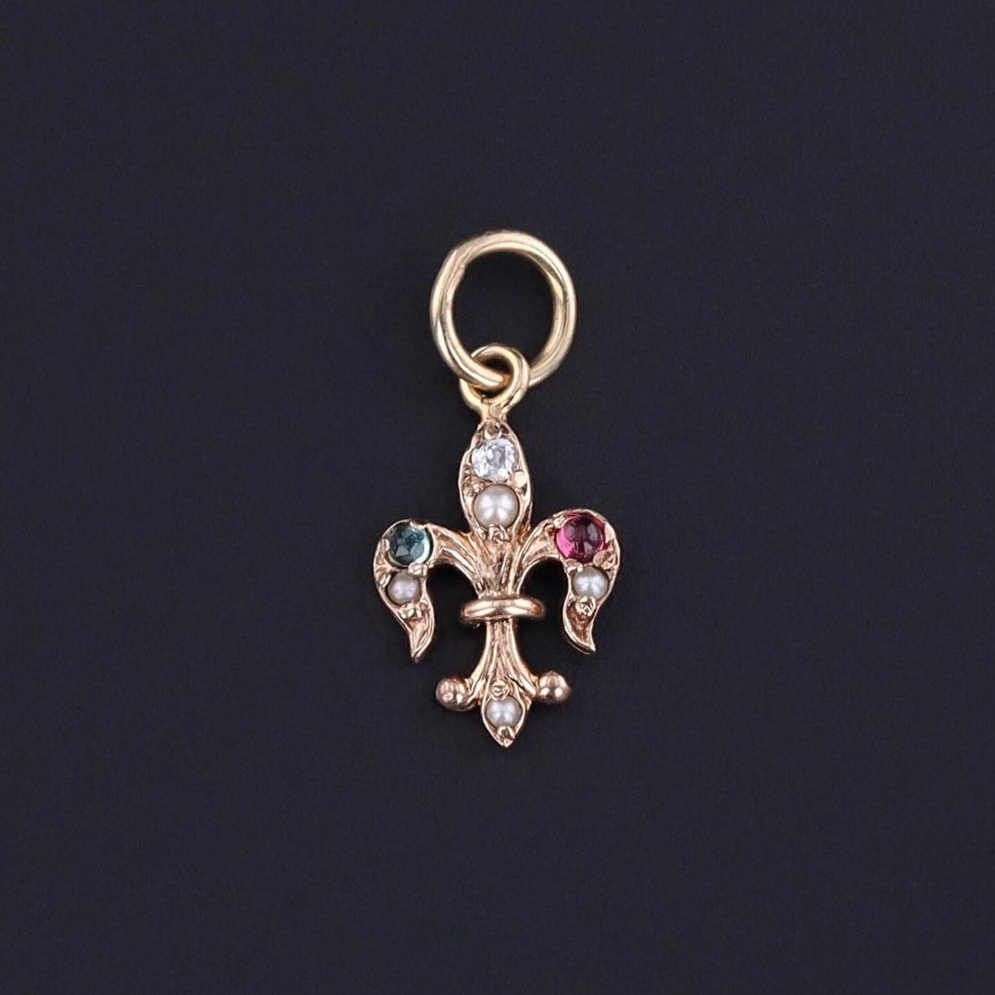 Antique Gemstone Fleur-de-lis Charm of 10k Gold