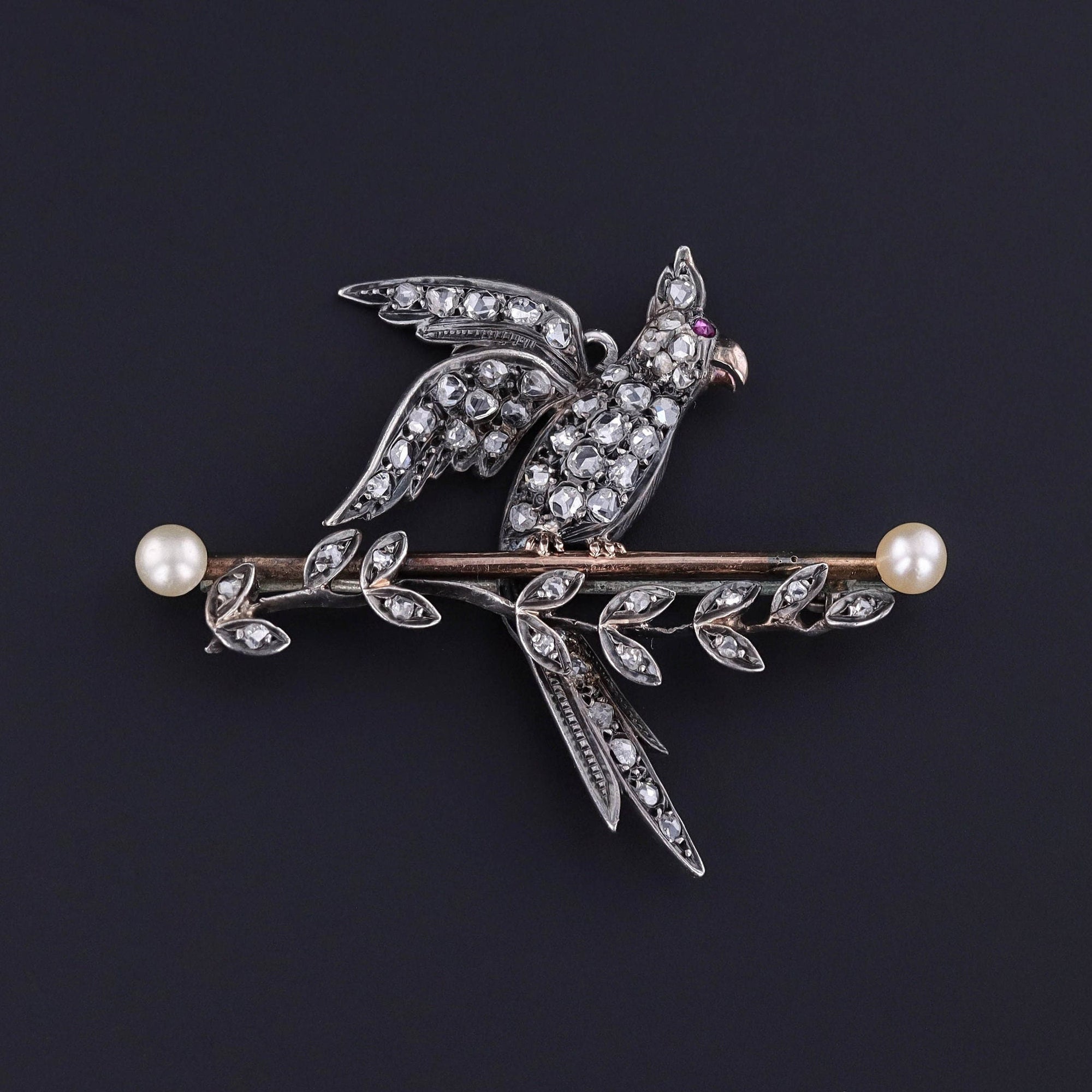 Antique Diamond Bird Brooch of Silver & 9ct Gold