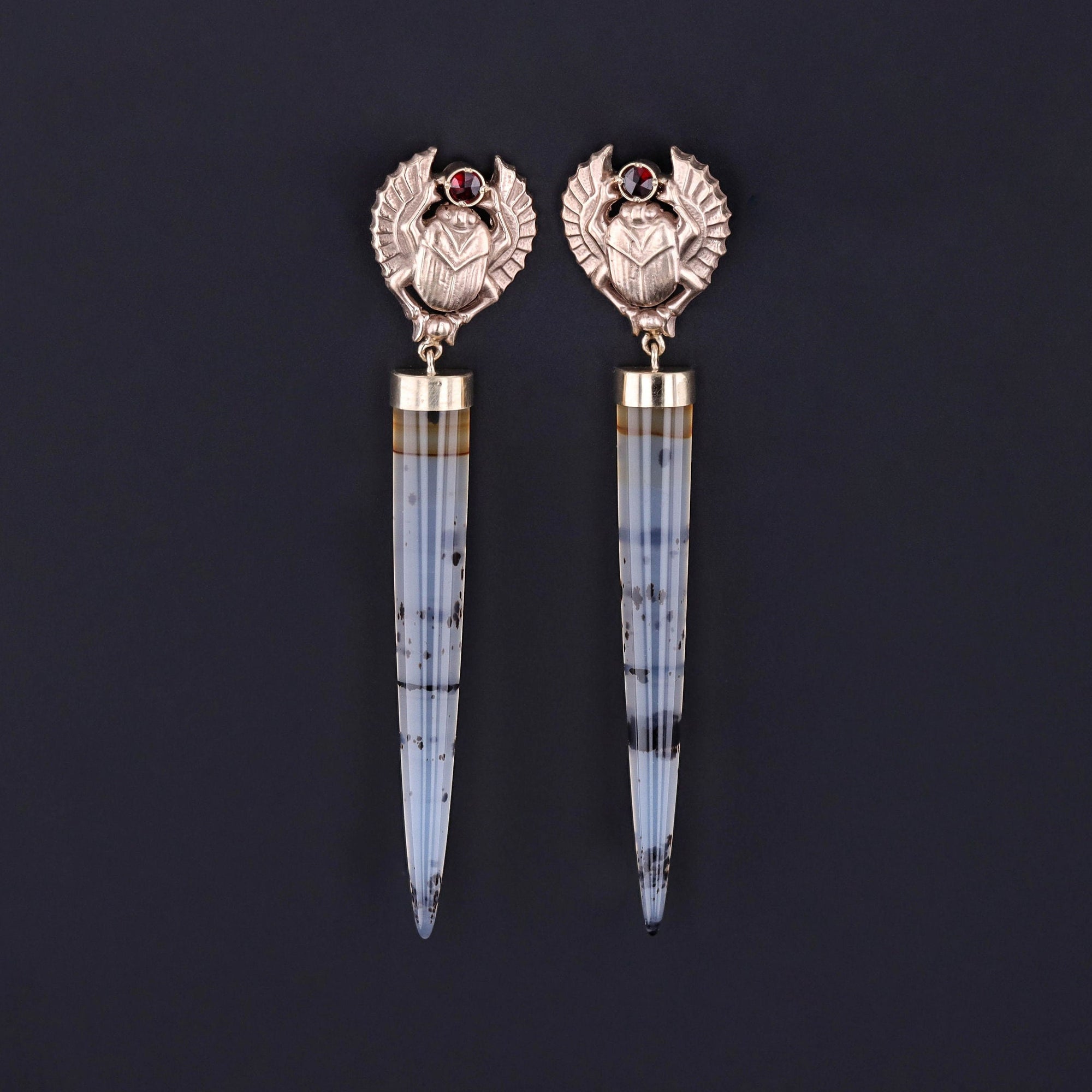 Scarab Earrings of Montana Agate and 14k Gold