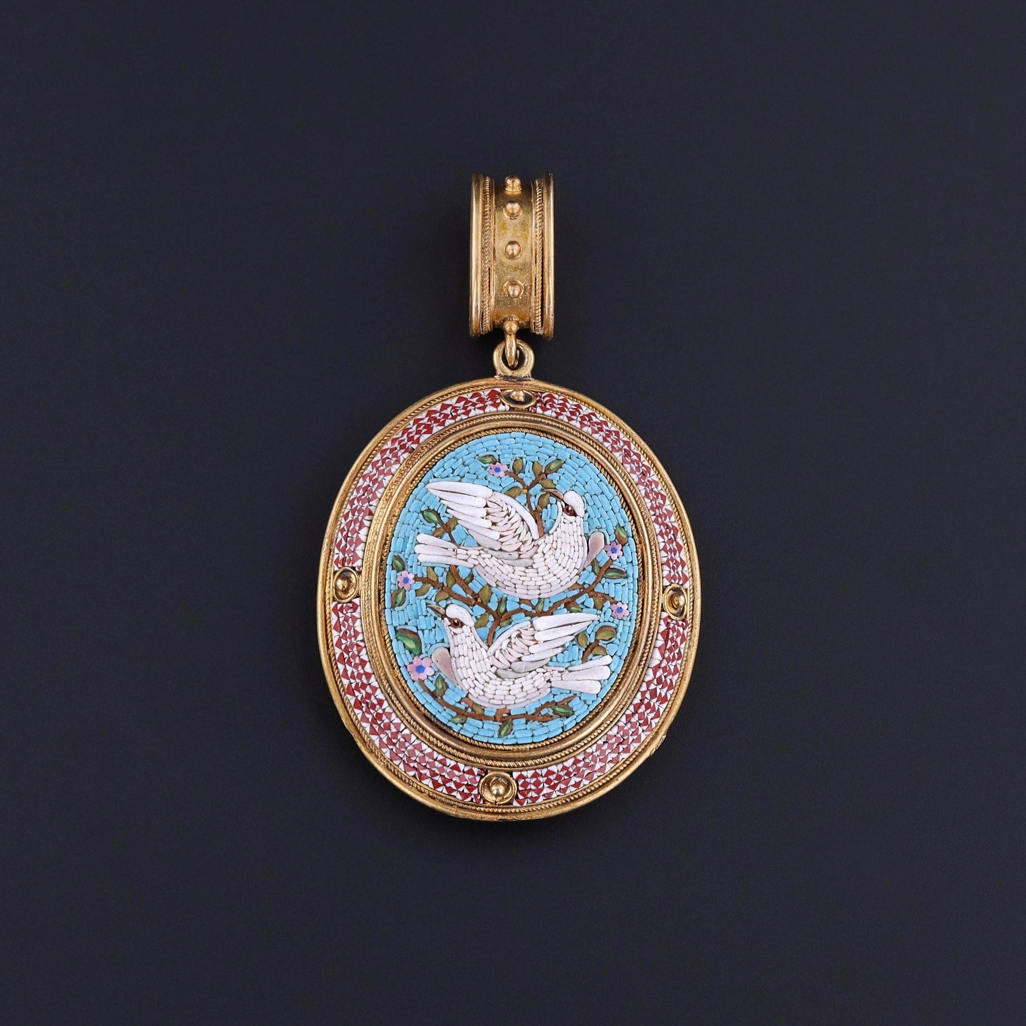 Antique Micromosaic Dove Locket of 14k Gold